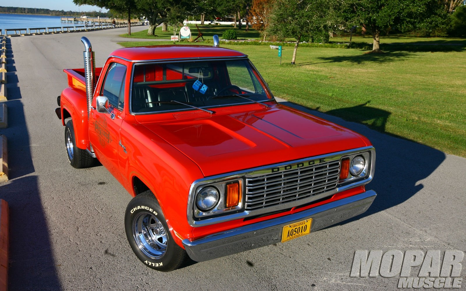 Red Dodge pickup truck with stacks HD Wallpaper
