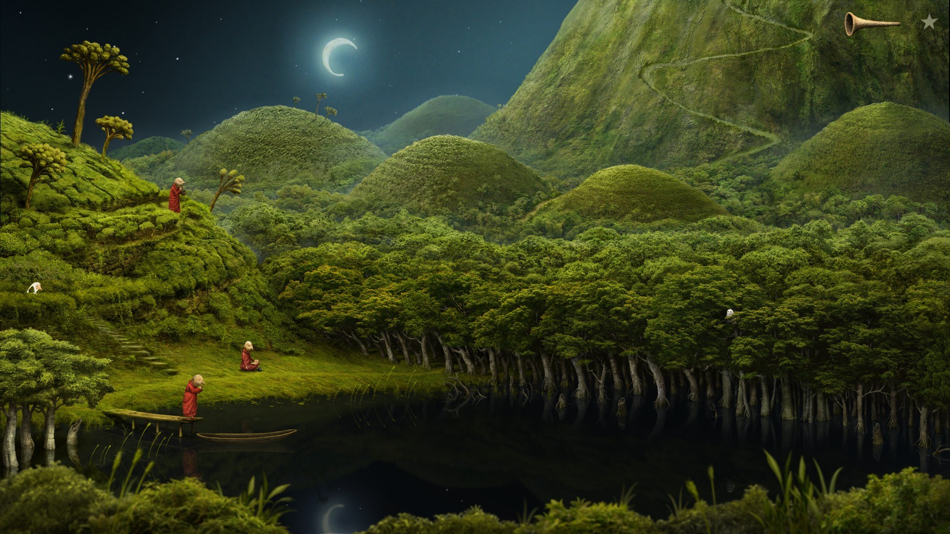 Samorost 3 landscape with monks and moon HD Wallpaper