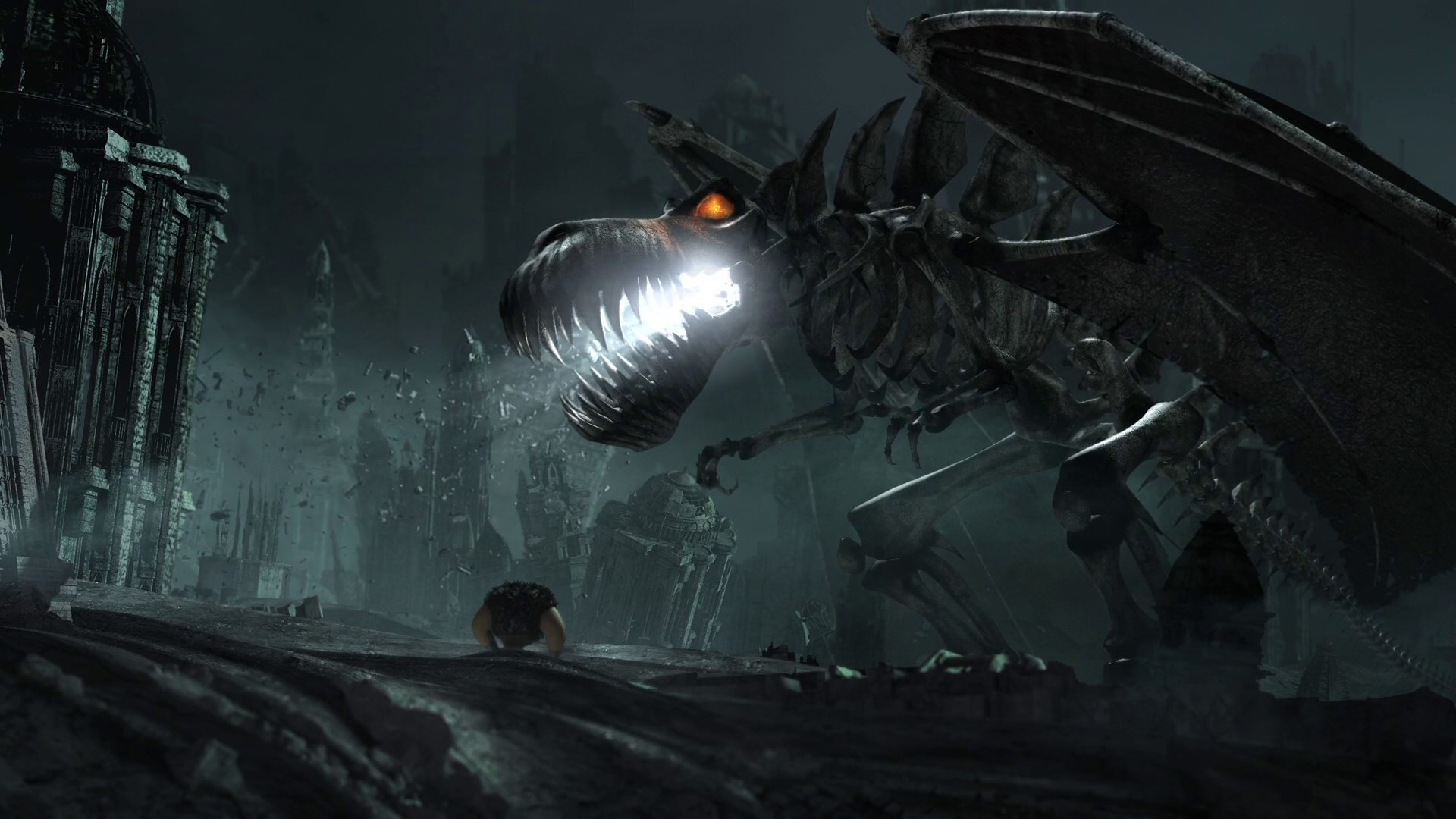 Skeleton Dragon attacking a person in ruins HD Wallpaper