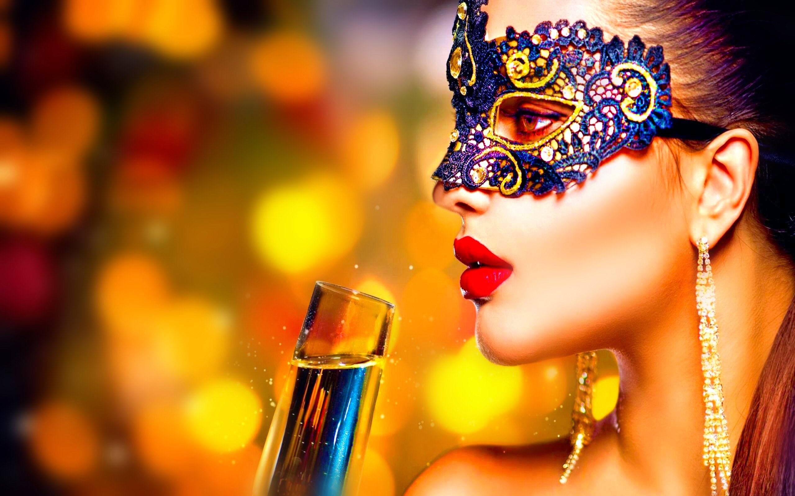 Woman in Masquerade Mask Holding Champagne Flute HD Wallpaper
