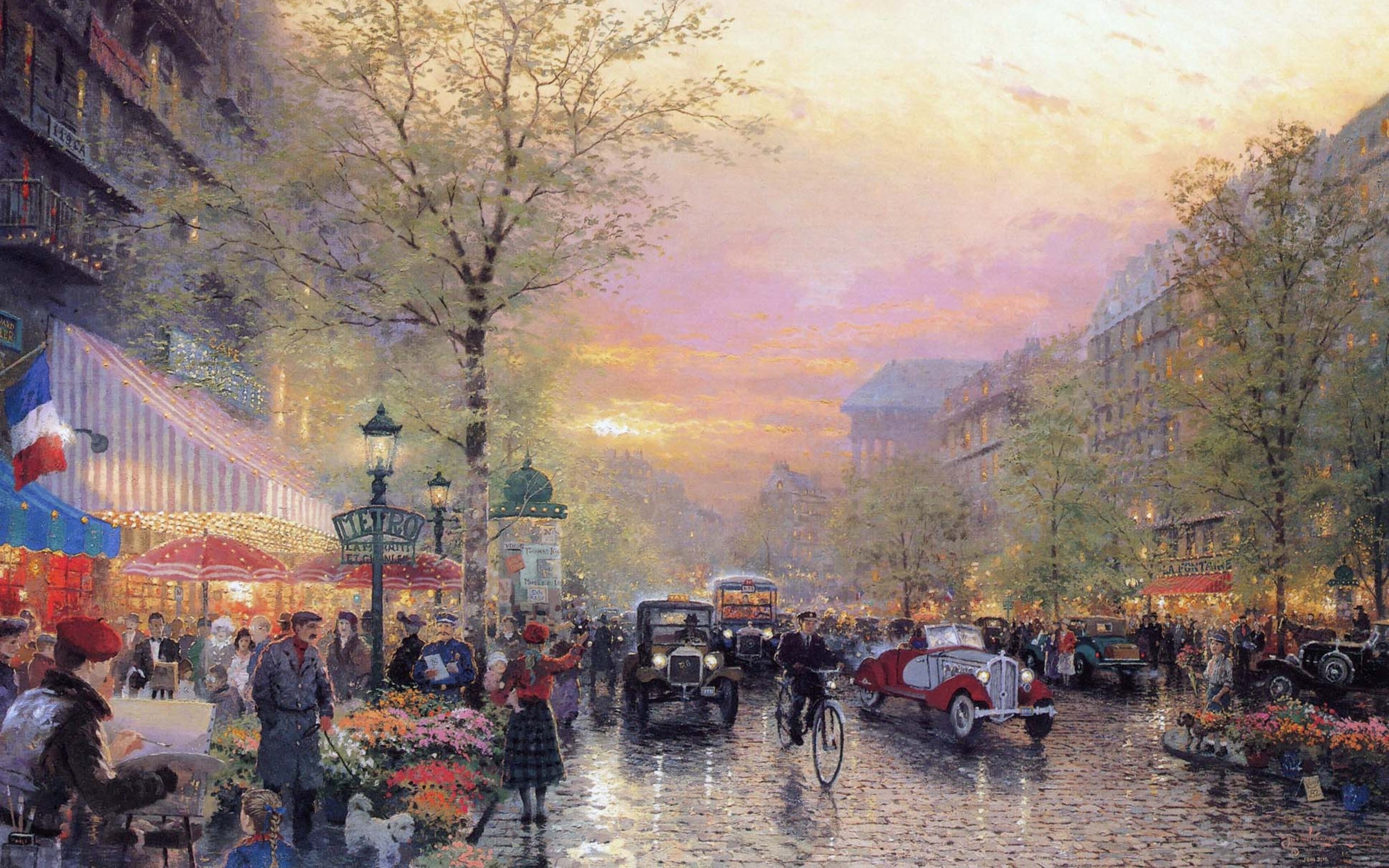 Parisian street scene with vintage cars and people HD Wallpaper