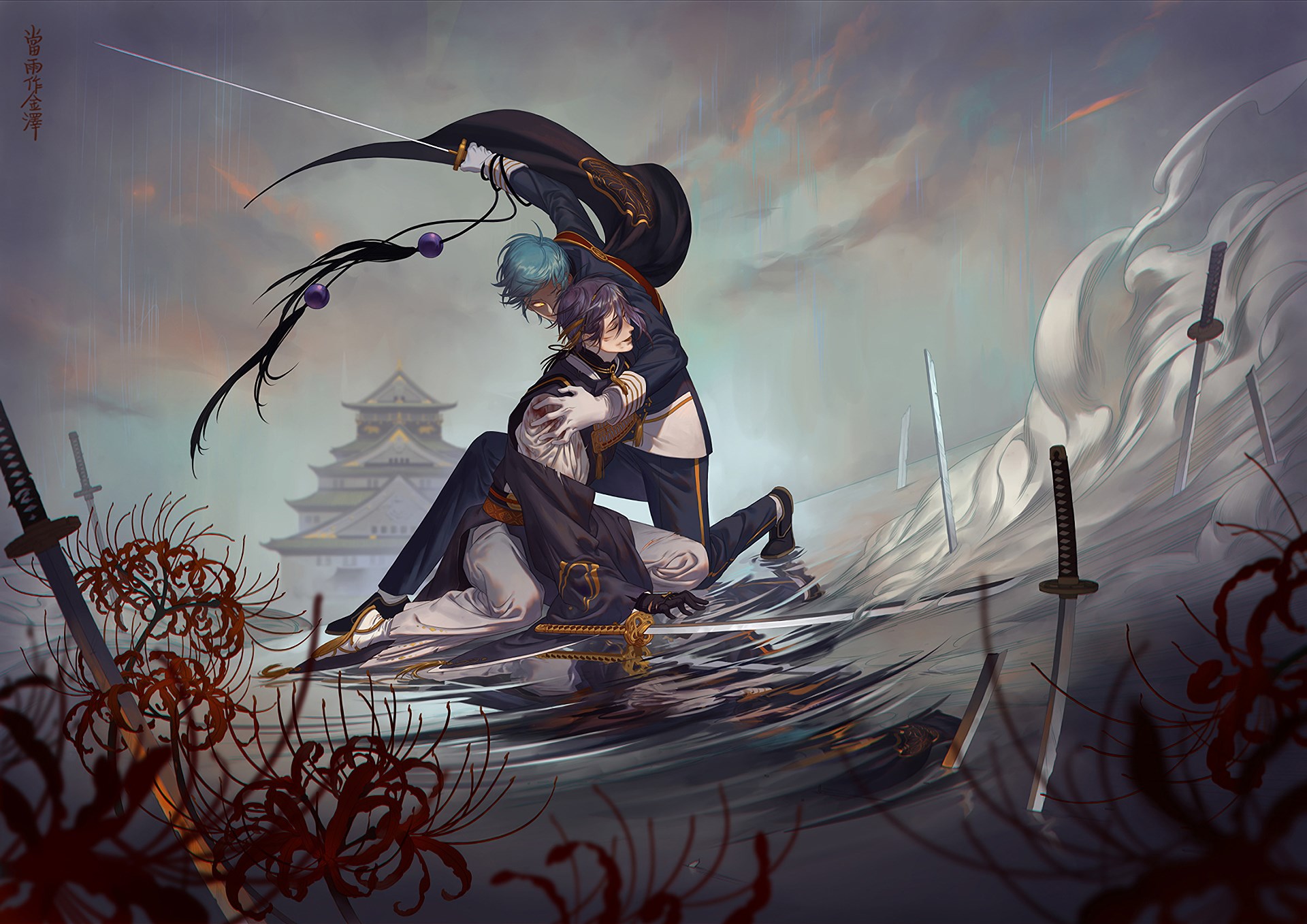Touken Ranbu characters embracing amidst swords and castle HD Wallpaper