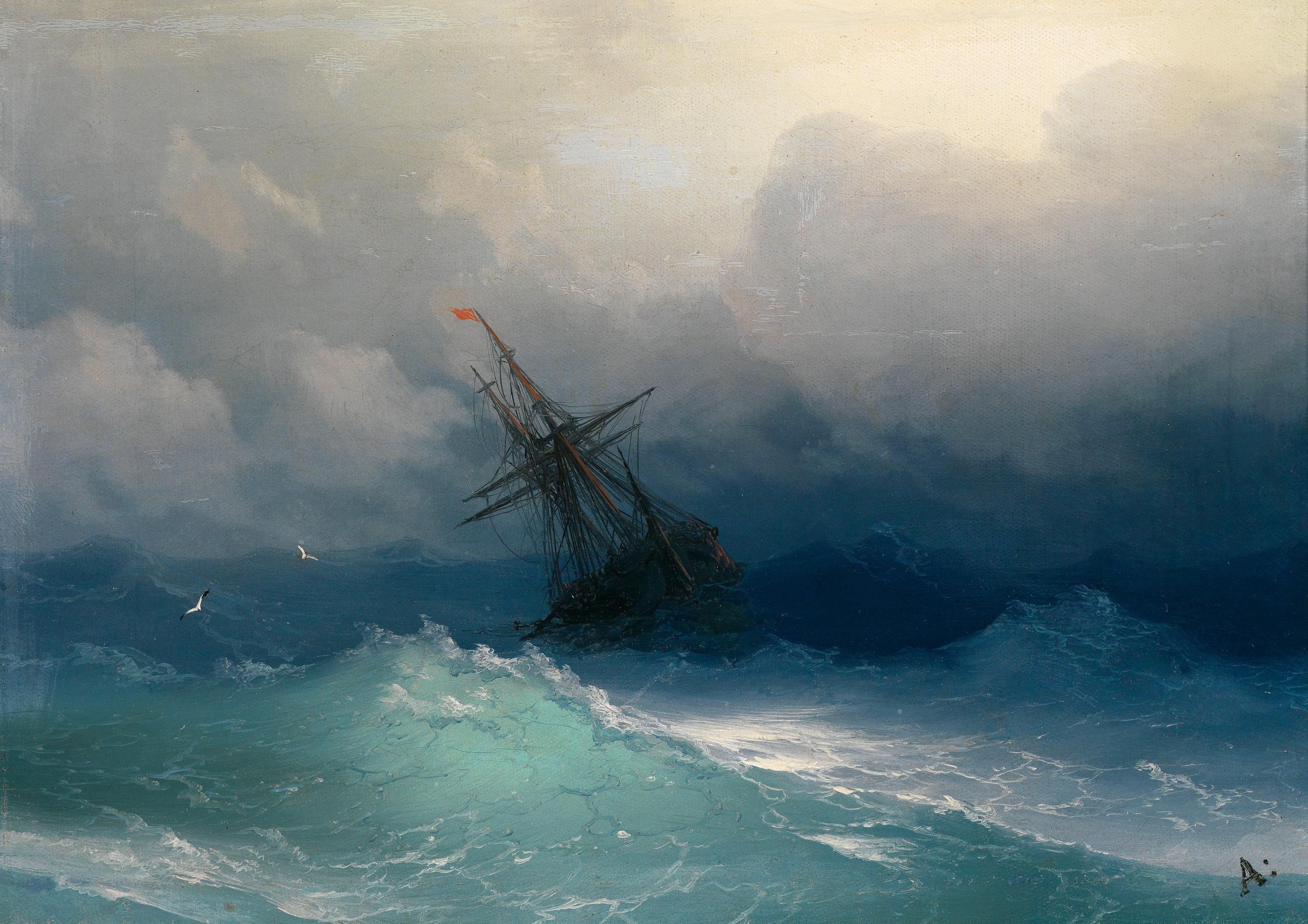 Ship in a Stormy Sea Oil Painting HD Wallpaper