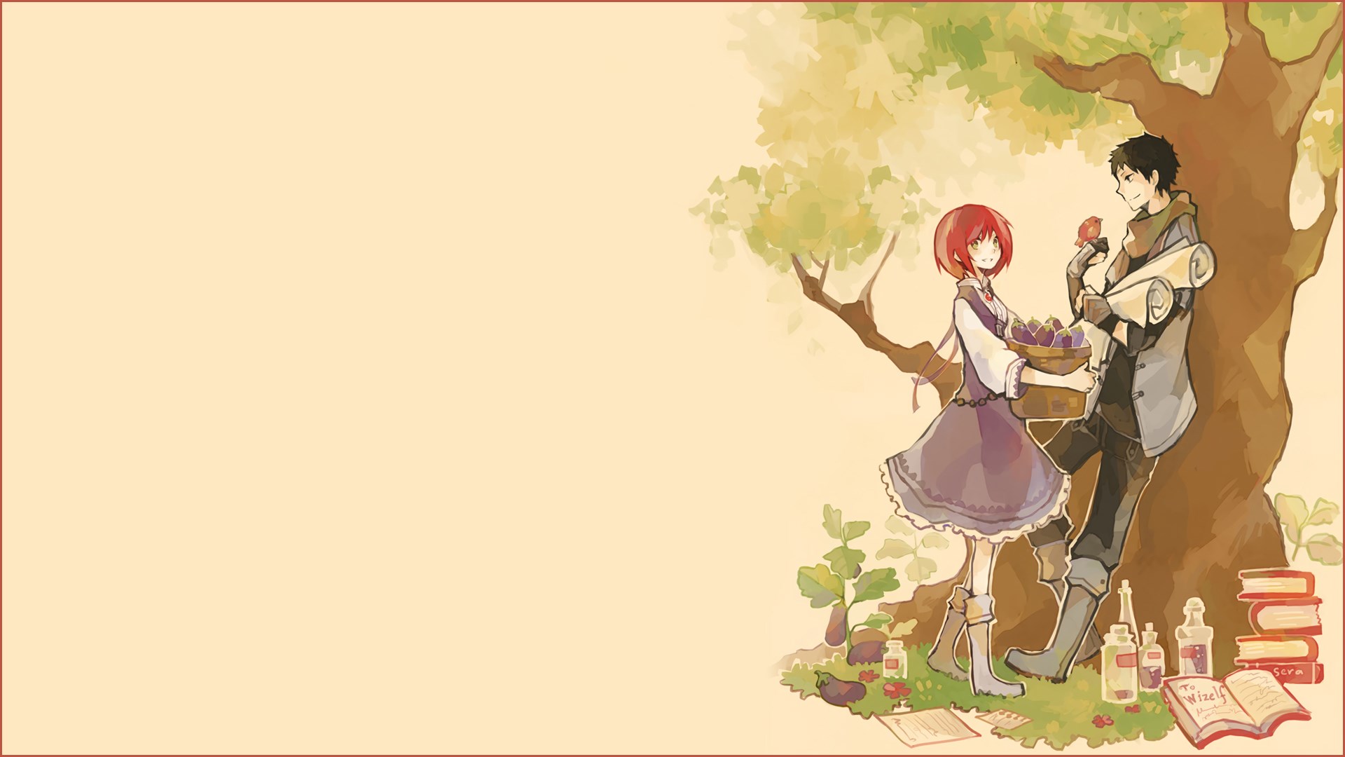 Couple under a tree with books and potions HD Wallpaper