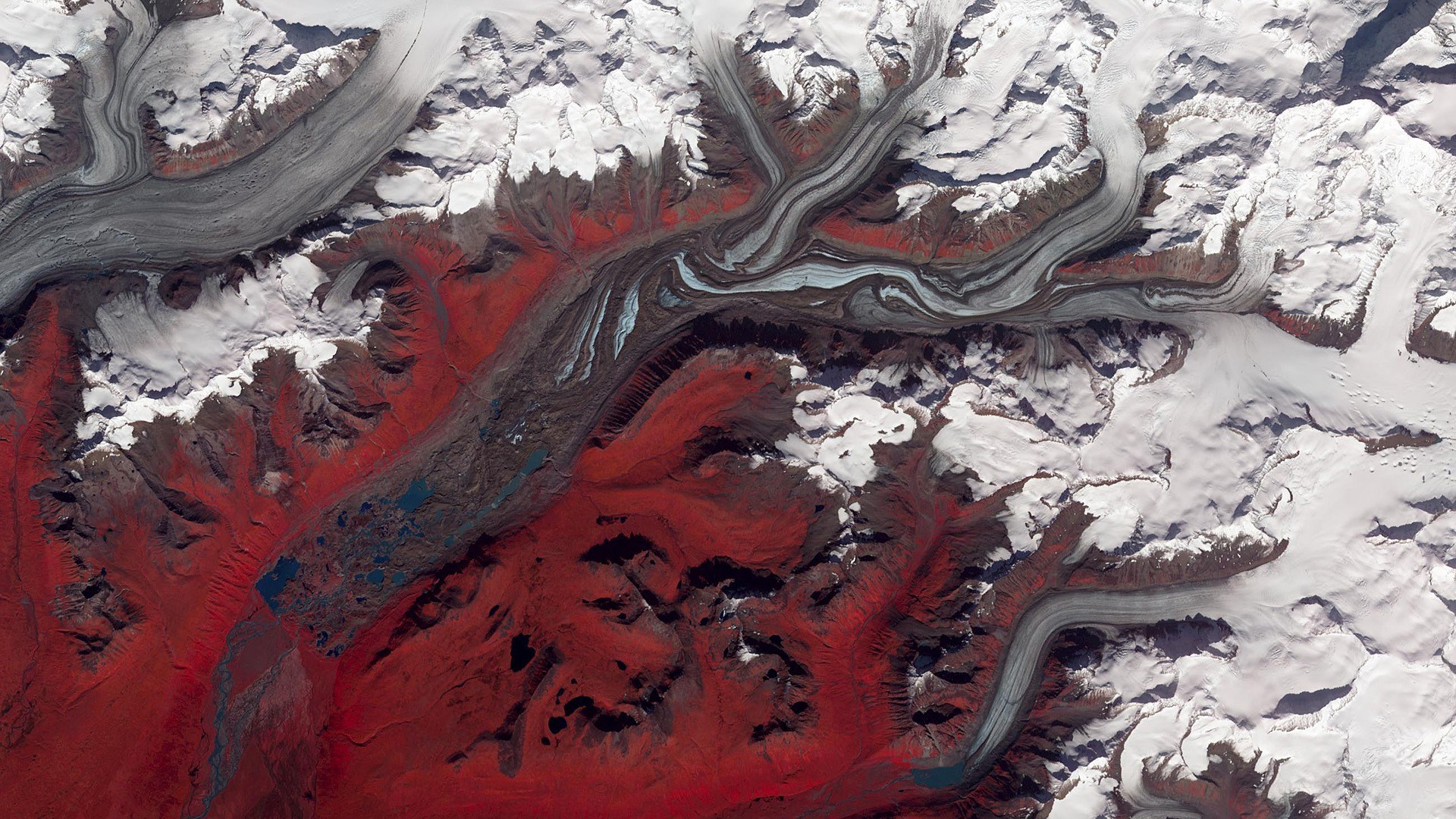 Satellite image of a glacier in a mountainous region HD Wallpaper