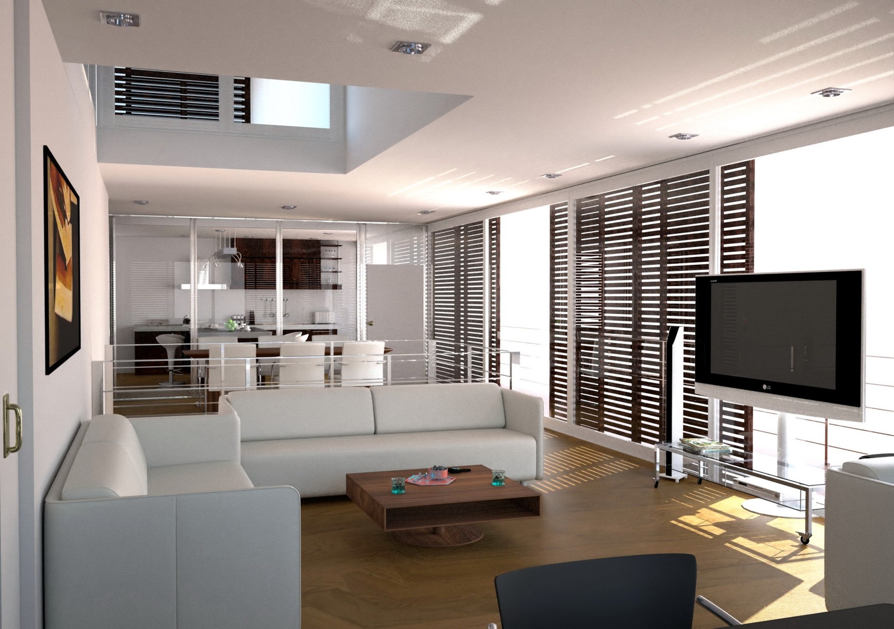 Modern living room with kitchen and dining area HD Wallpaper