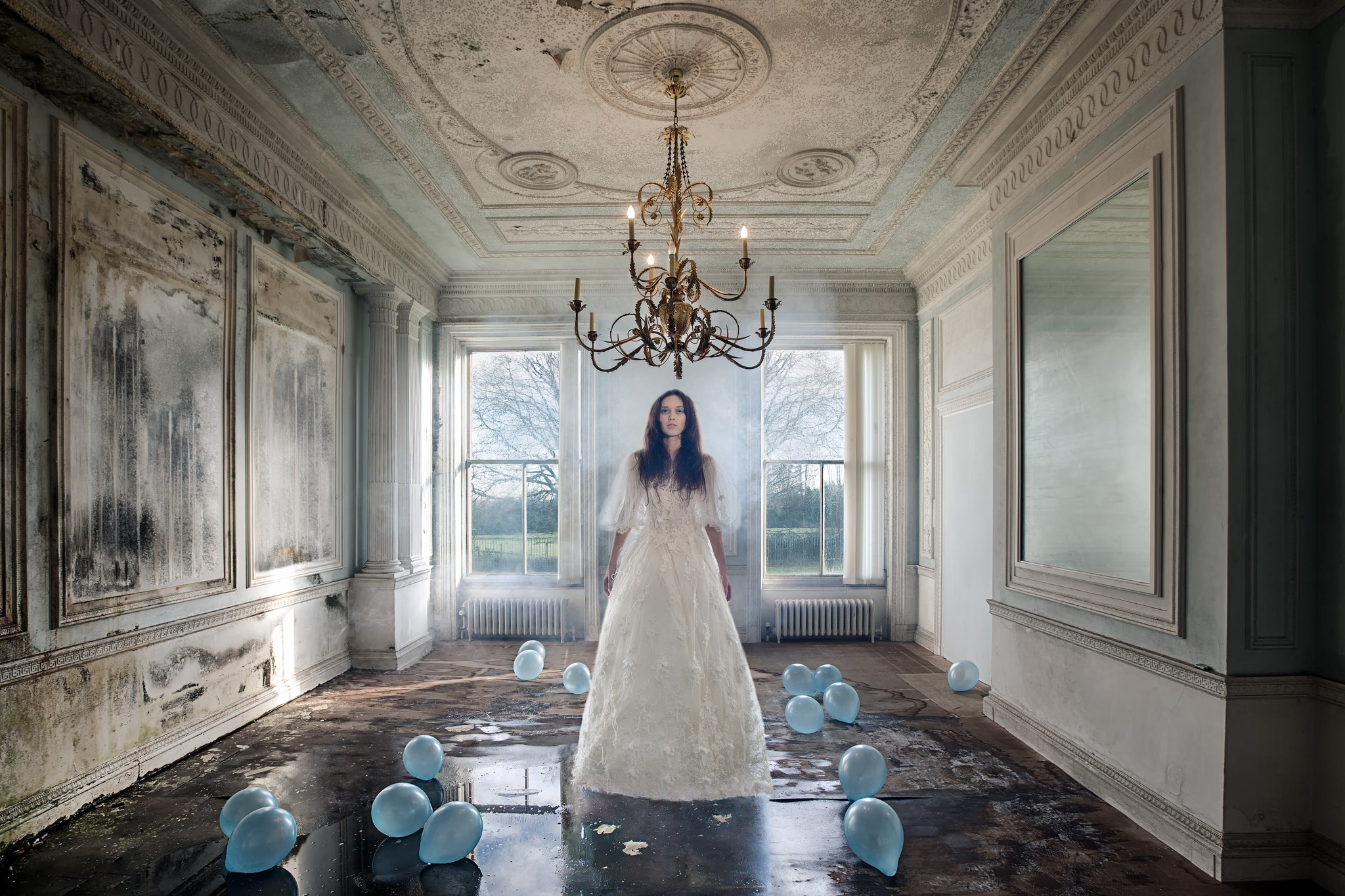 Bride in abandoned room with balloons HD Wallpaper