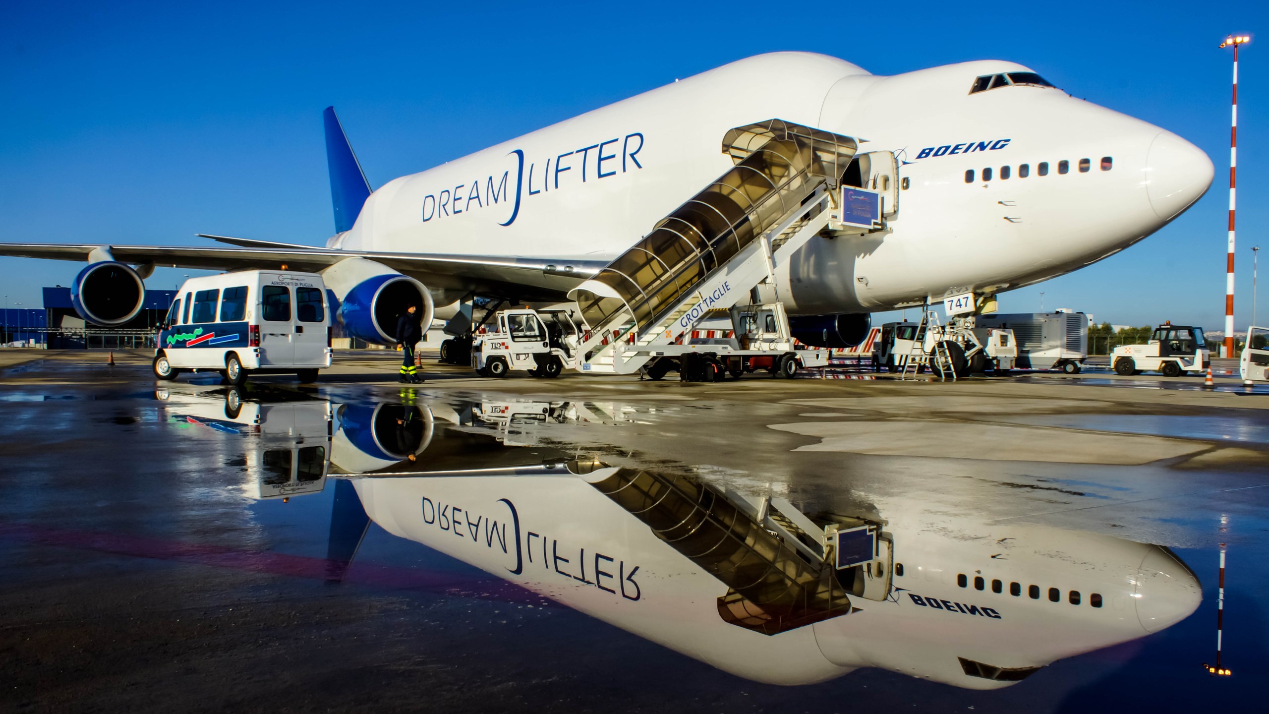 Boeing 747 Dreamlifter parked on wet tarmac HD Wallpaper