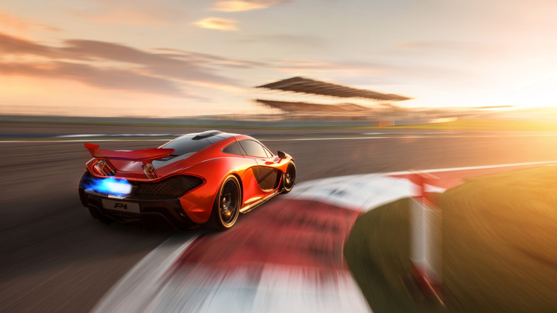 McLaren P1 racing on a track at sunset HD Wallpaper