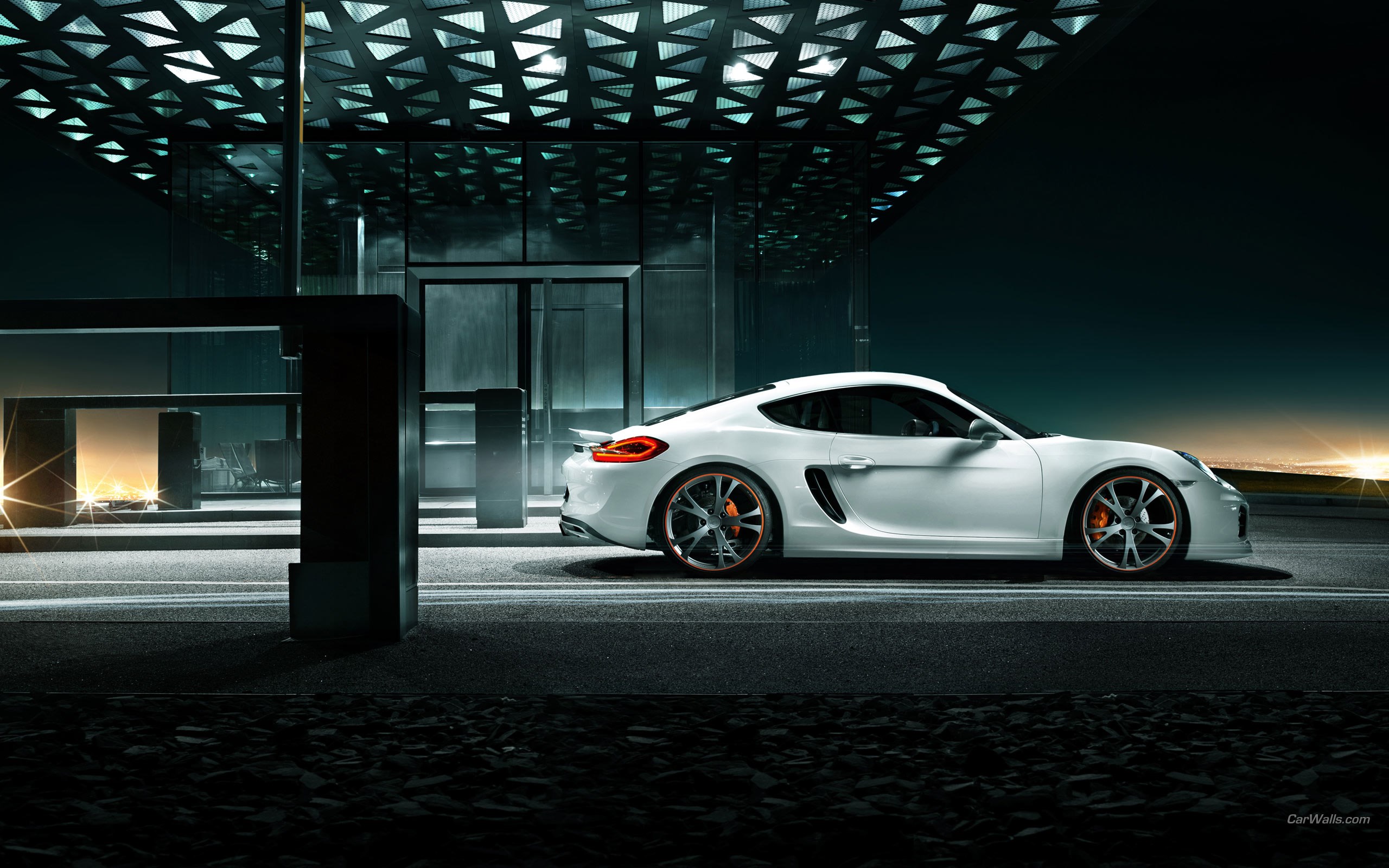 White Porsche Cayman parked under modern architecture HD Wallpaper