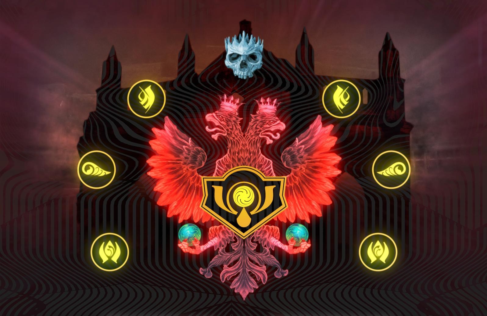 Double-headed eagle crest with skull and orbs HD Wallpaper