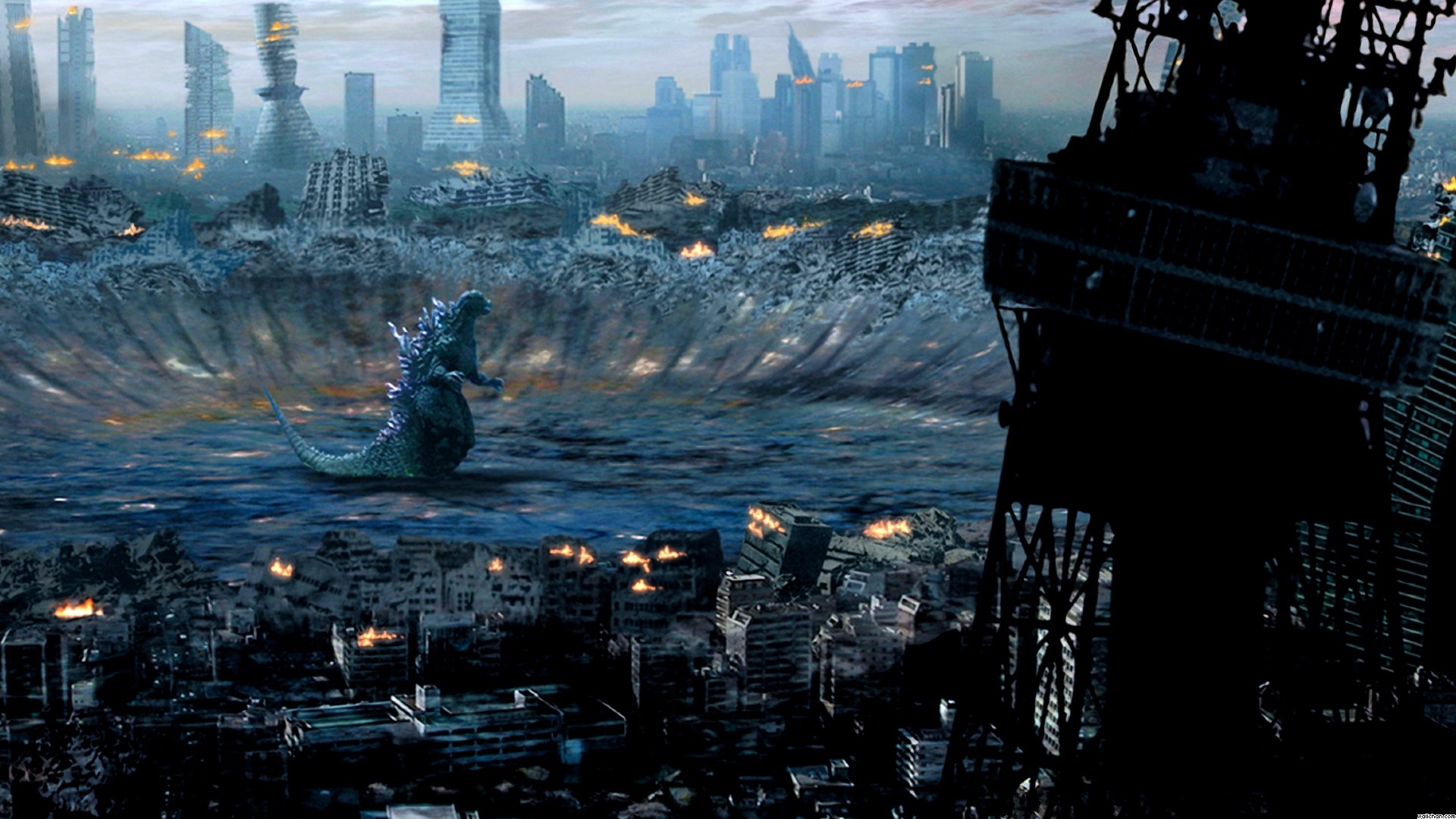 Godzilla in a destroyed city with a tsunami HD Wallpaper