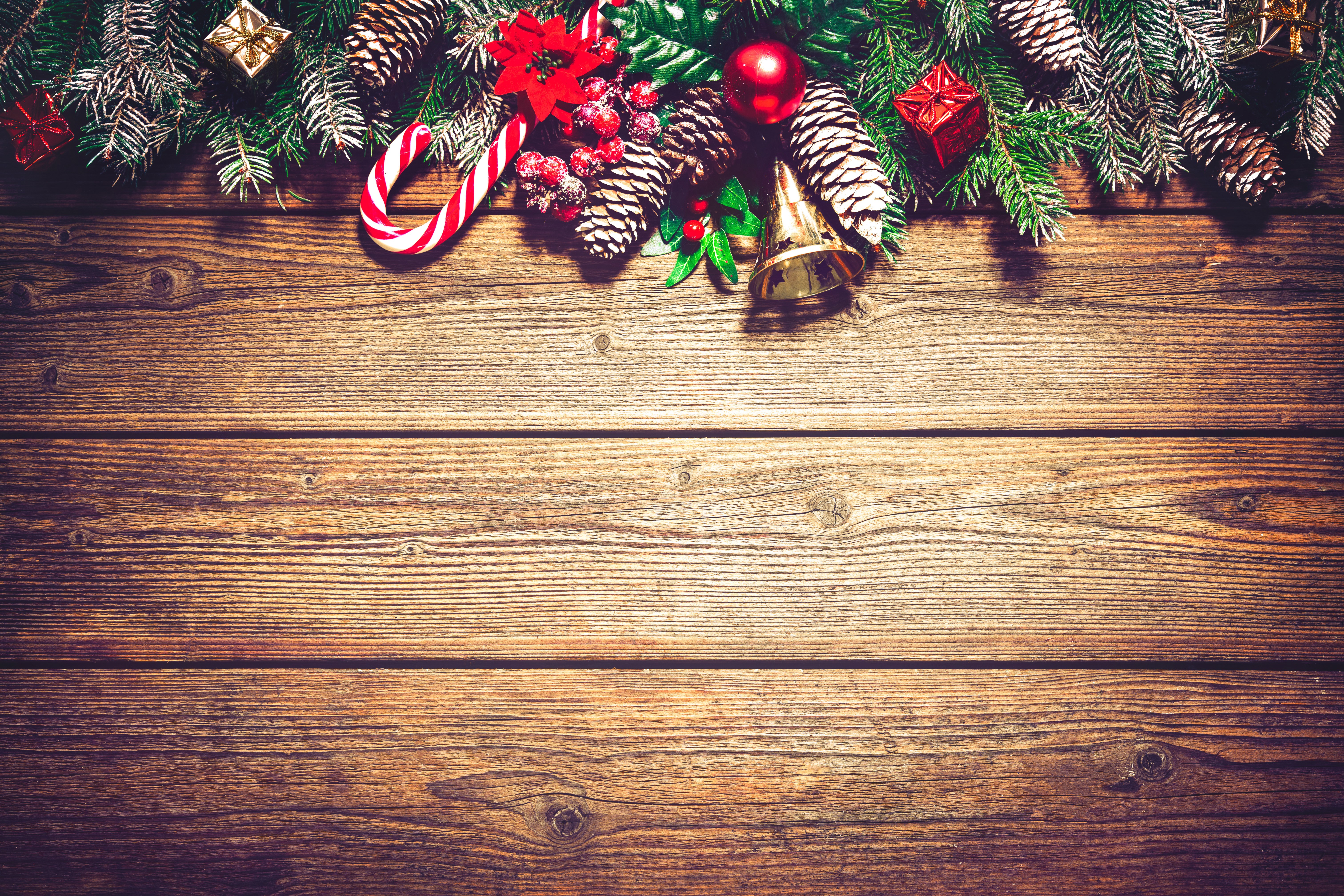 Christmas Decorations on Wooden Table HD Wallpaper