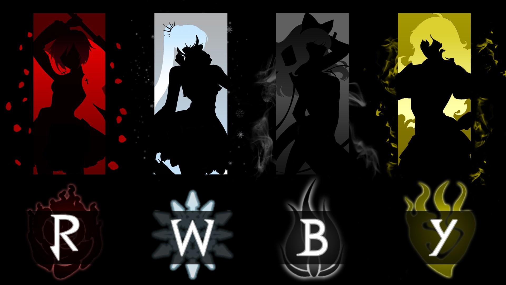 RWBY characters silhouettes and symbols HD Wallpaper