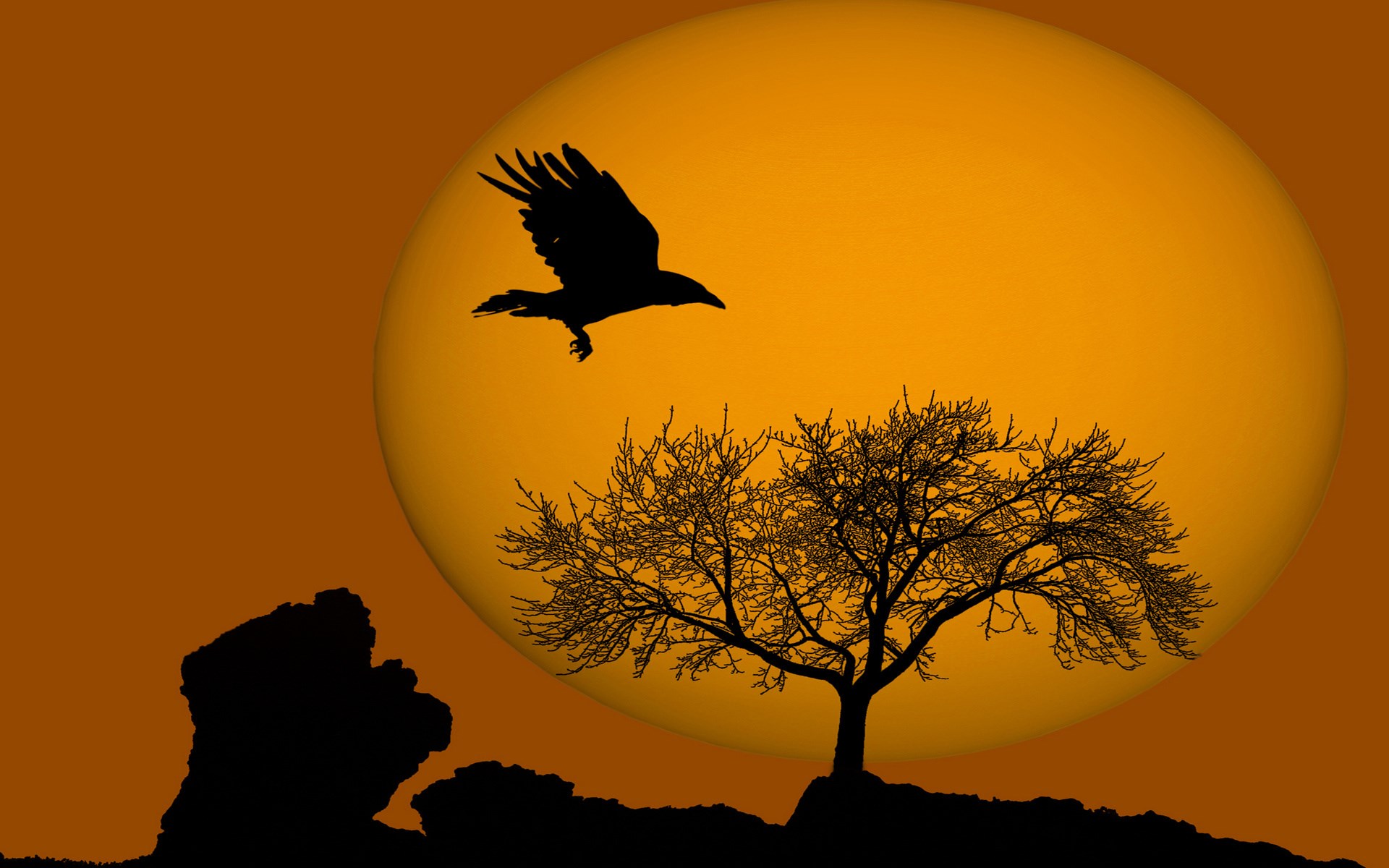 Silhouette of a crow flying over a tree at sunset HD Wallpaper