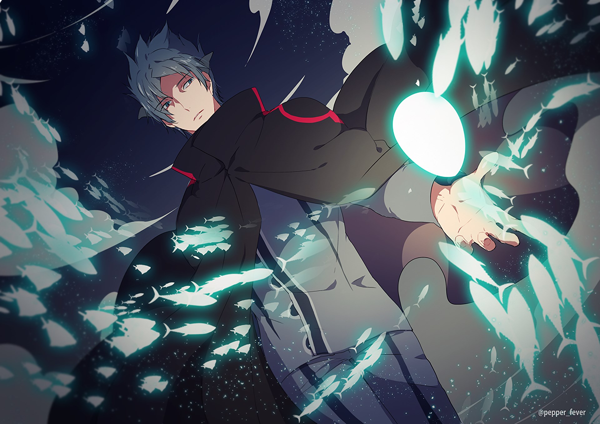 Osamu Mikumo from World Trigger surrounded by glowing fish HD Wallpaper