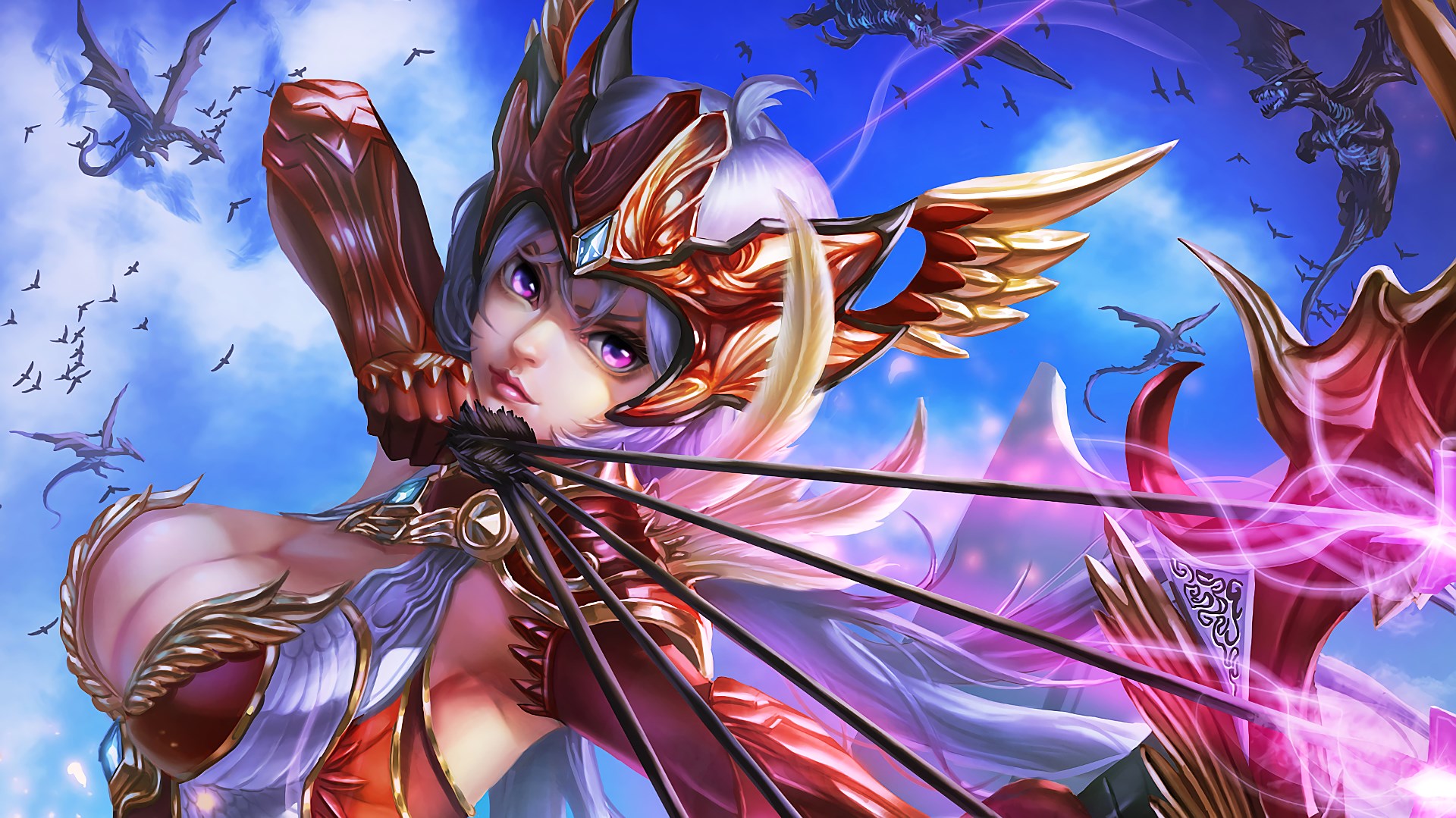 Archer girl with dragons in the sky HD Wallpaper