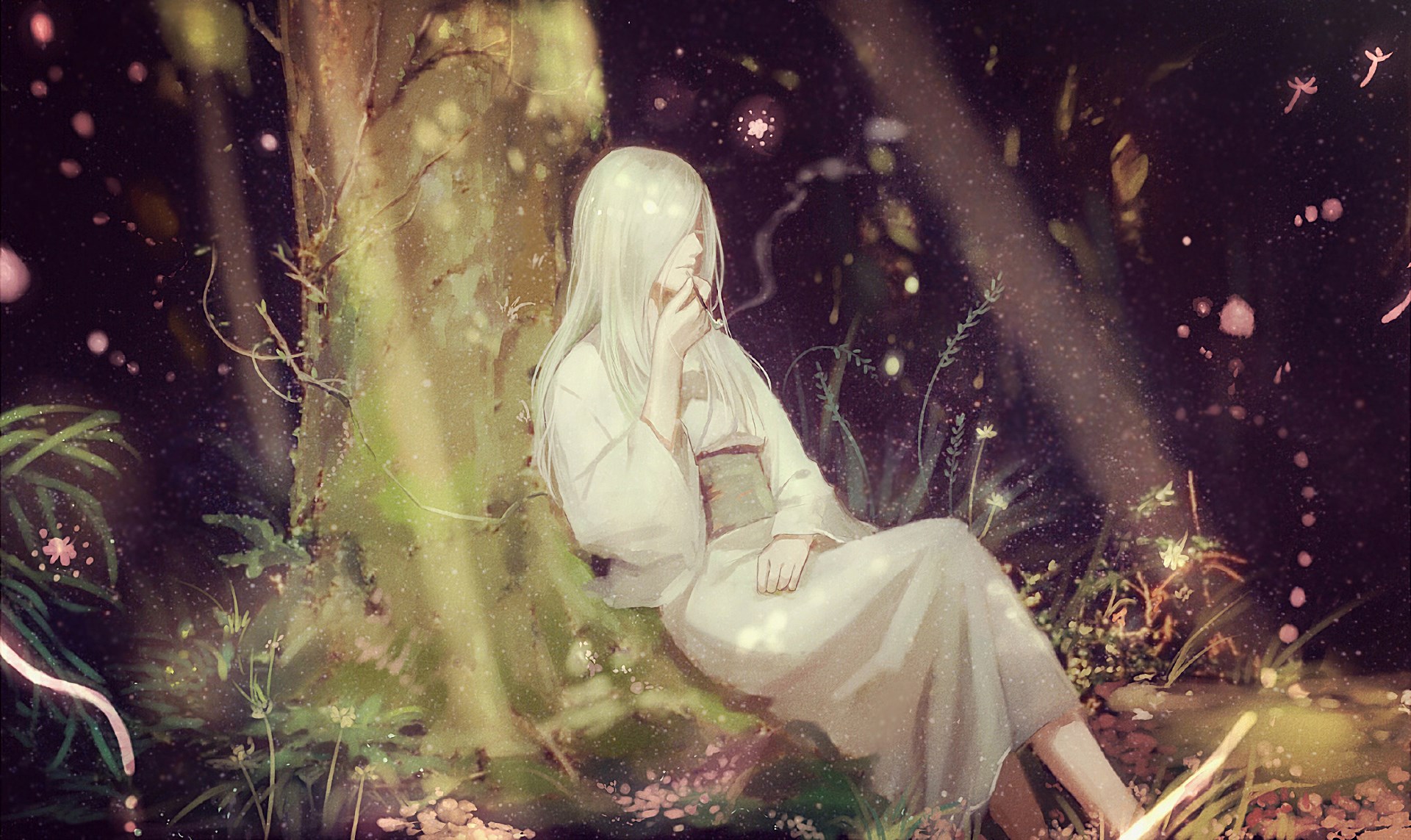 Ginko from Mushishi sitting by a tree HD Wallpaper