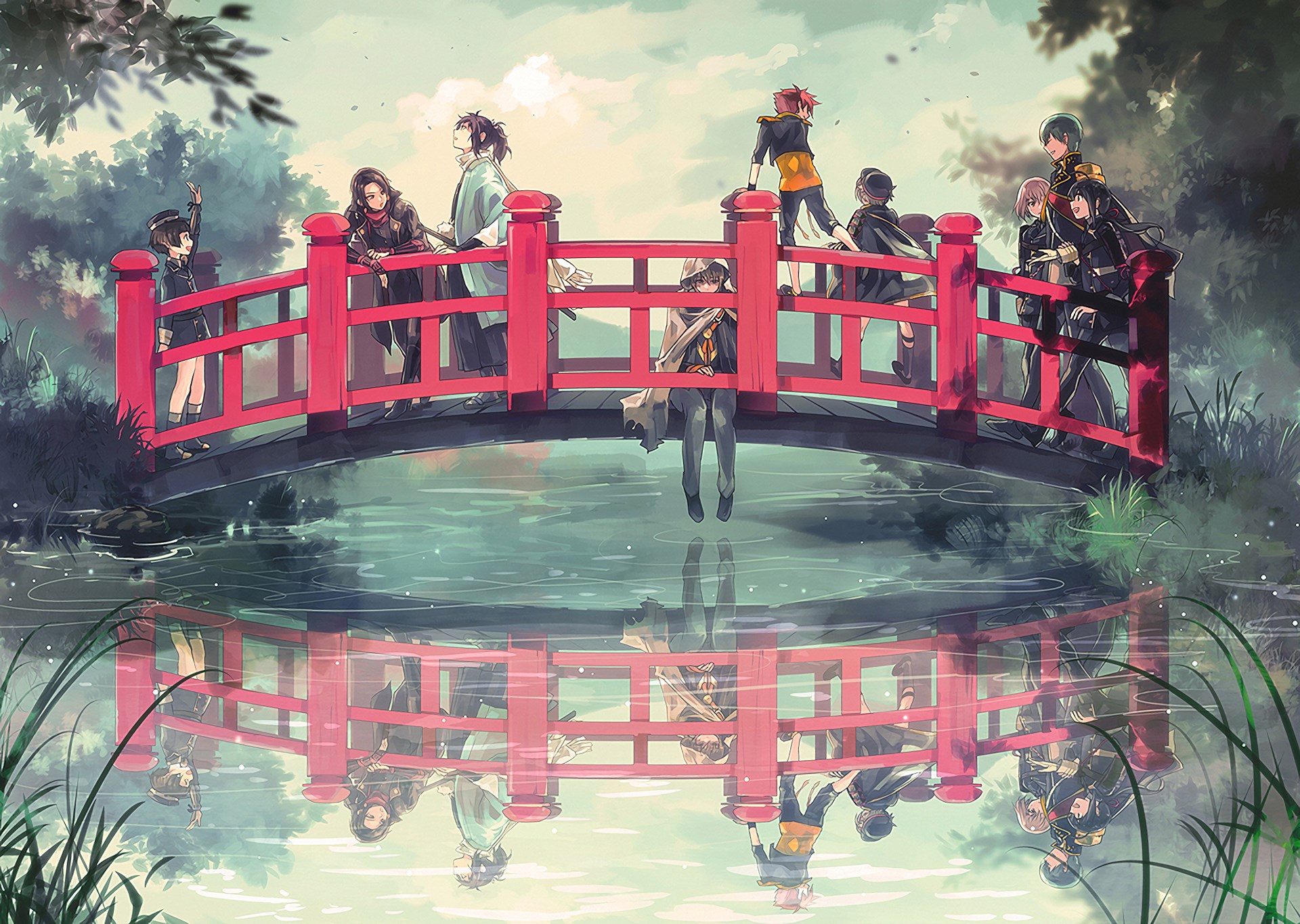 Touken Ranbu characters on a bridge over water HD Wallpaper