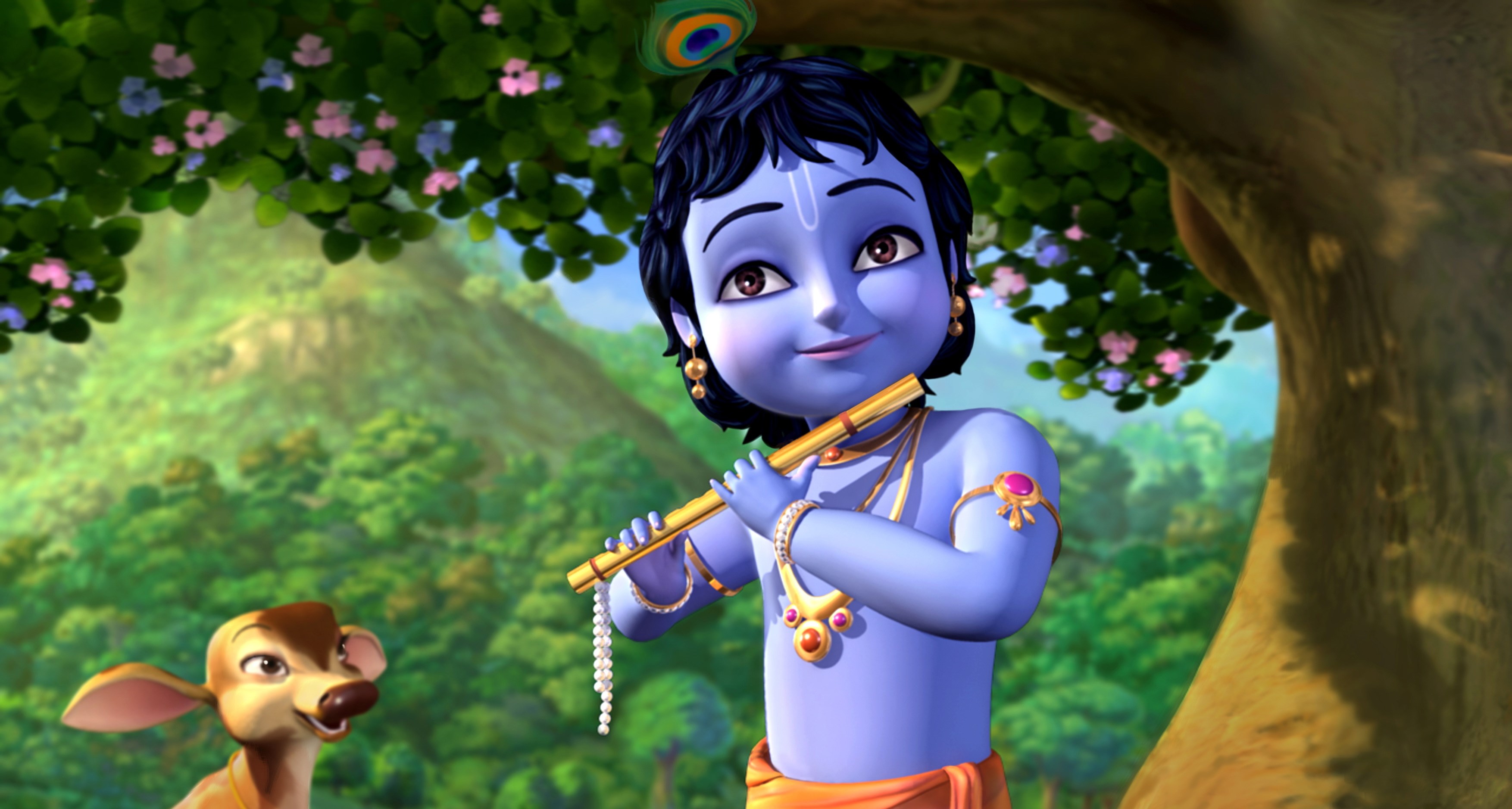 Little Krishna playing flute with a deer HD Wallpaper