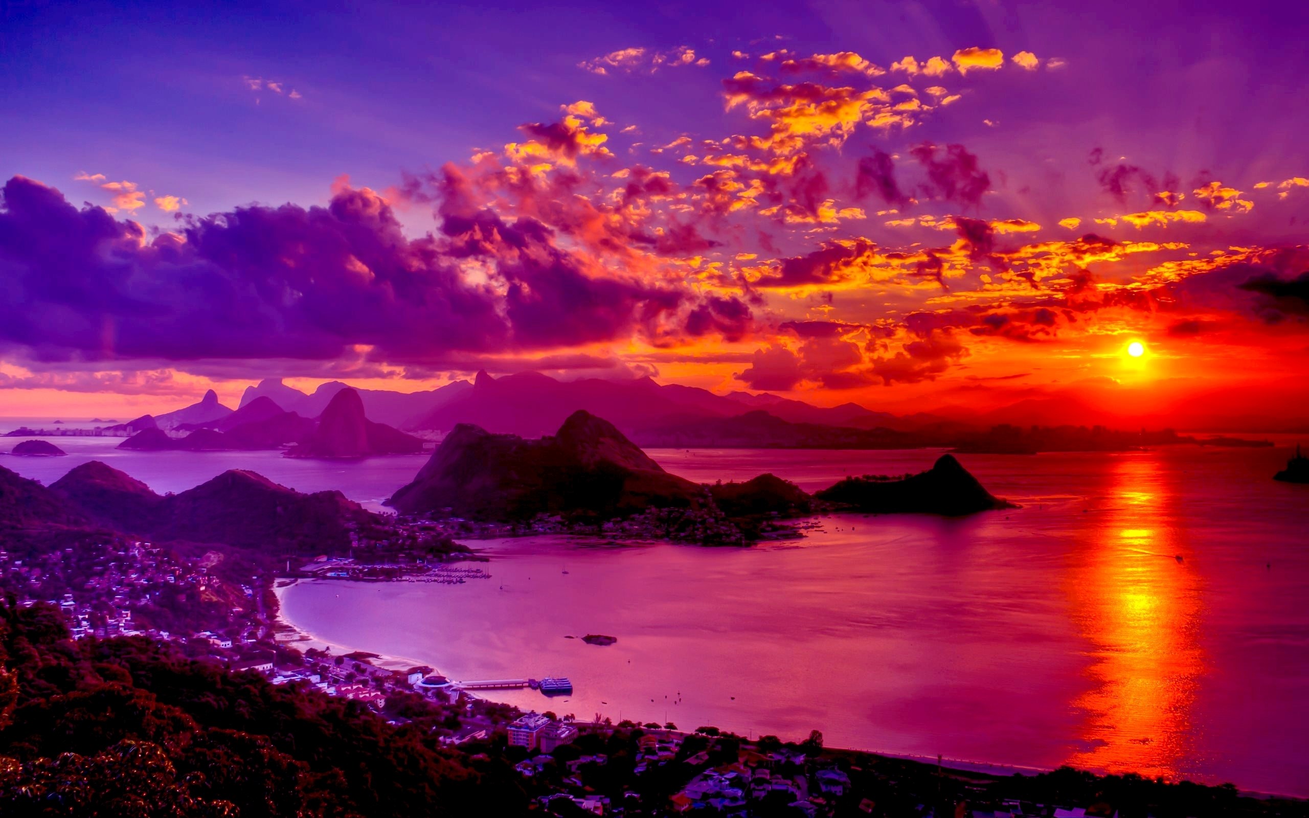 Sunset over Rio de Janeiro with mountains and ocean HD Wallpaper