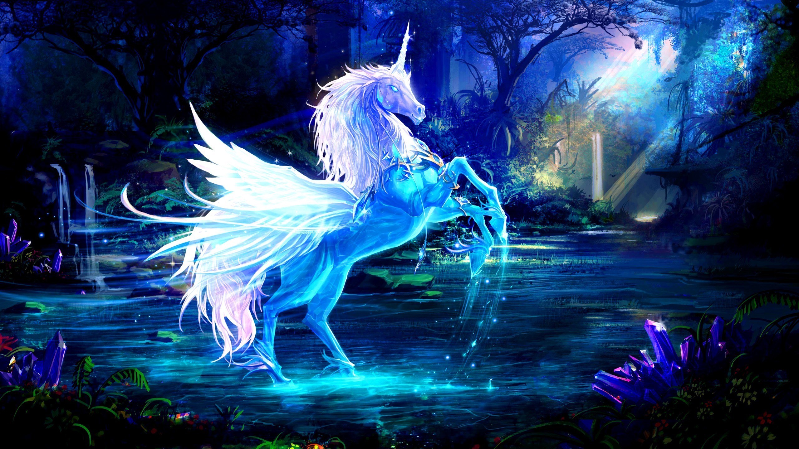 Glowing Pegasus with Wings in a Magical Forest HD Wallpaper