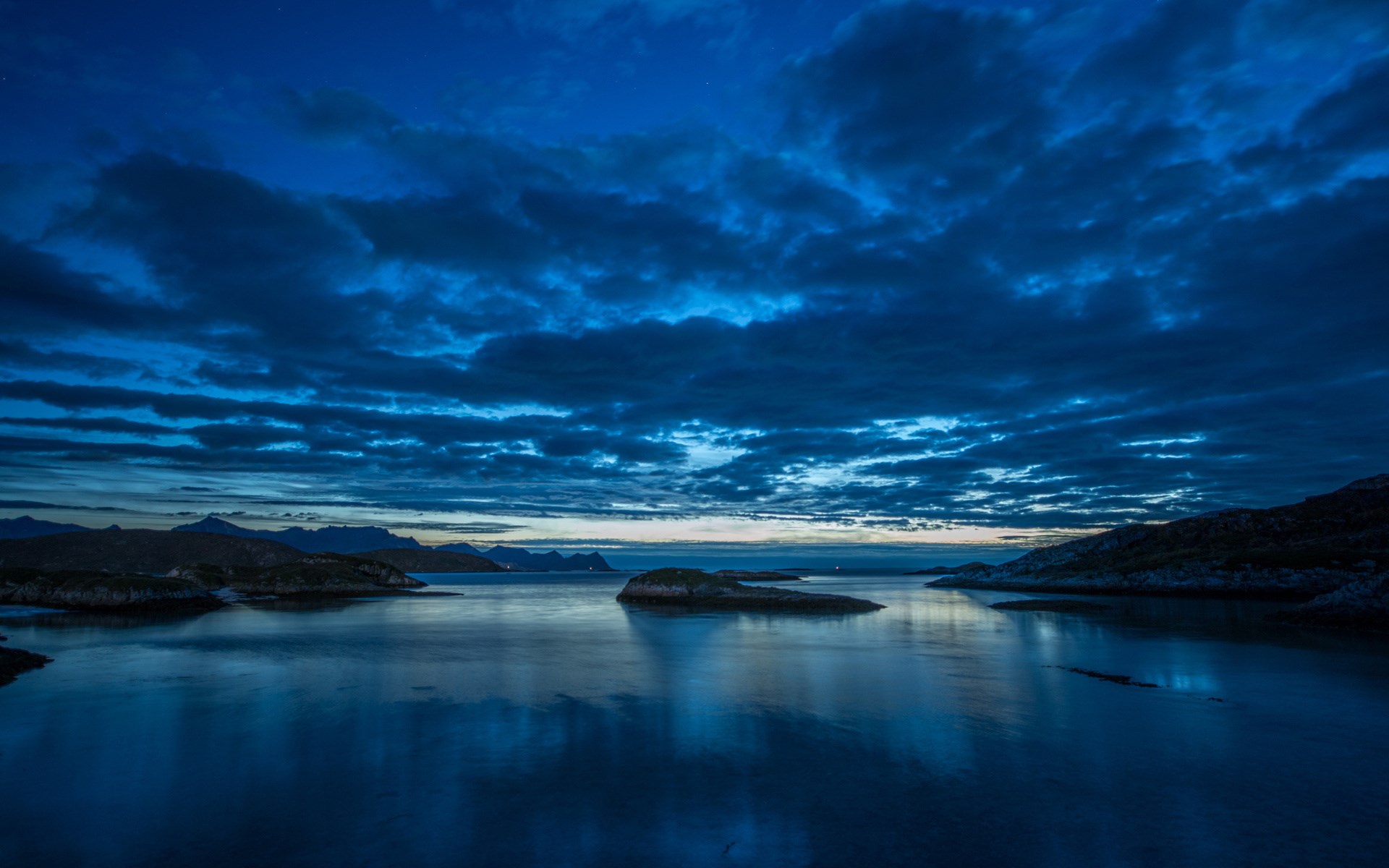 Dark Blue Sky Over Calm Water and Islands HD Wallpaper