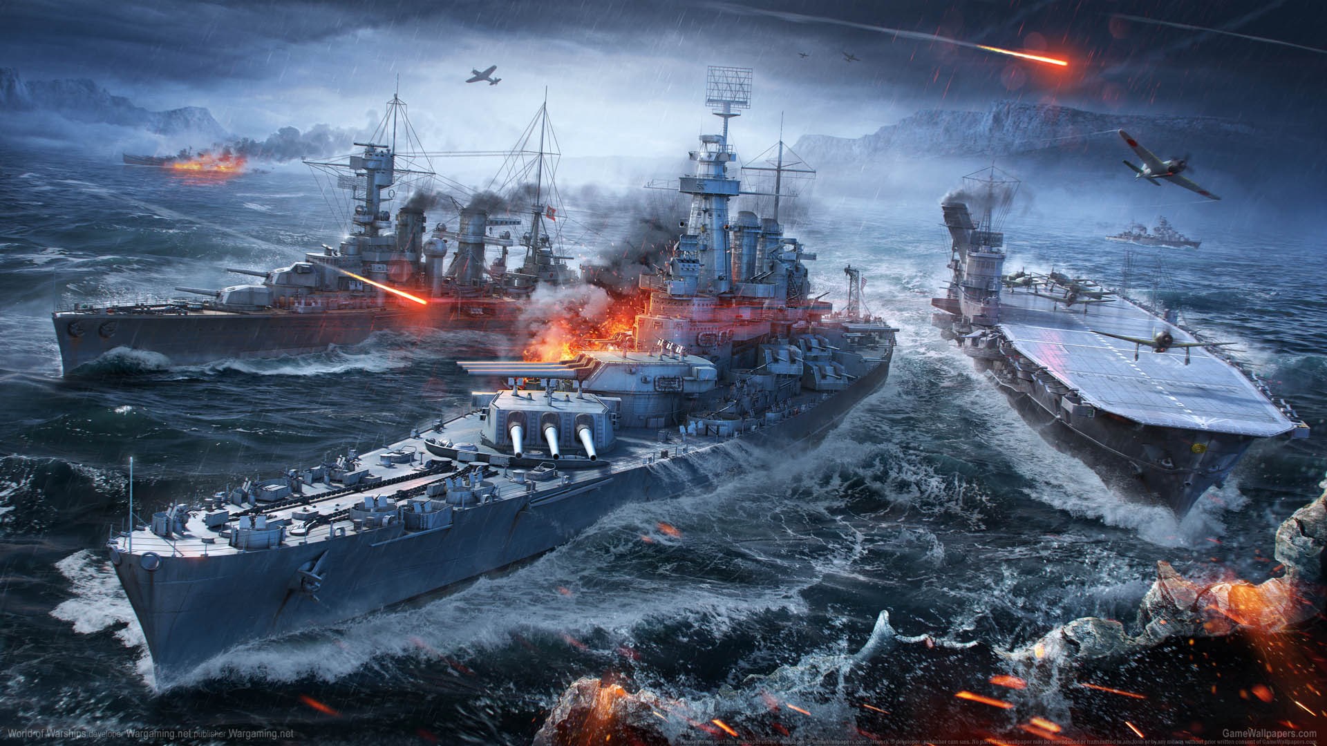World of Warships battle with aircraft carrier and battleships HD Wallpaper