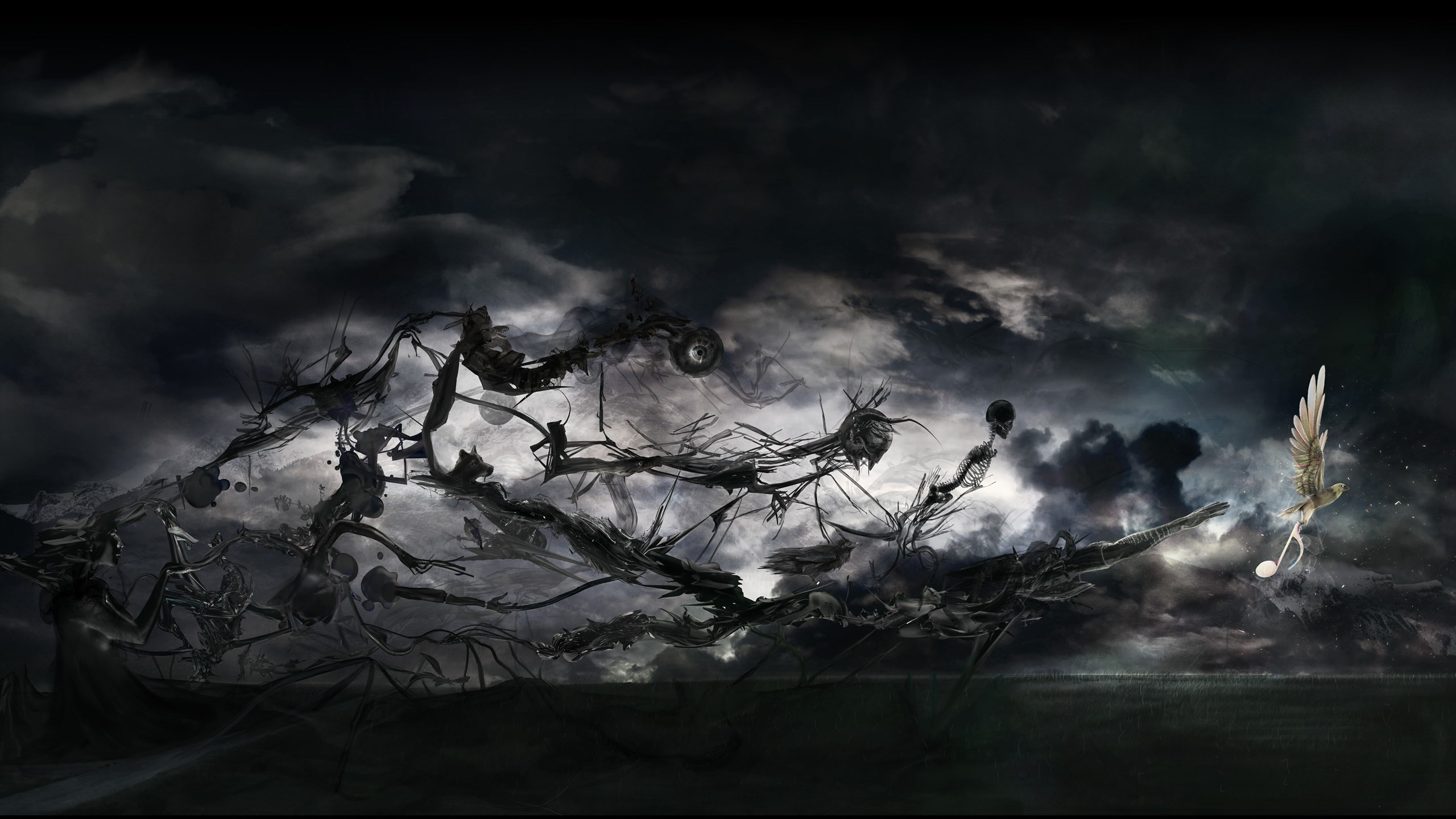 Surreal Dark Figures Chasing Glowing Winged Object HD Wallpaper