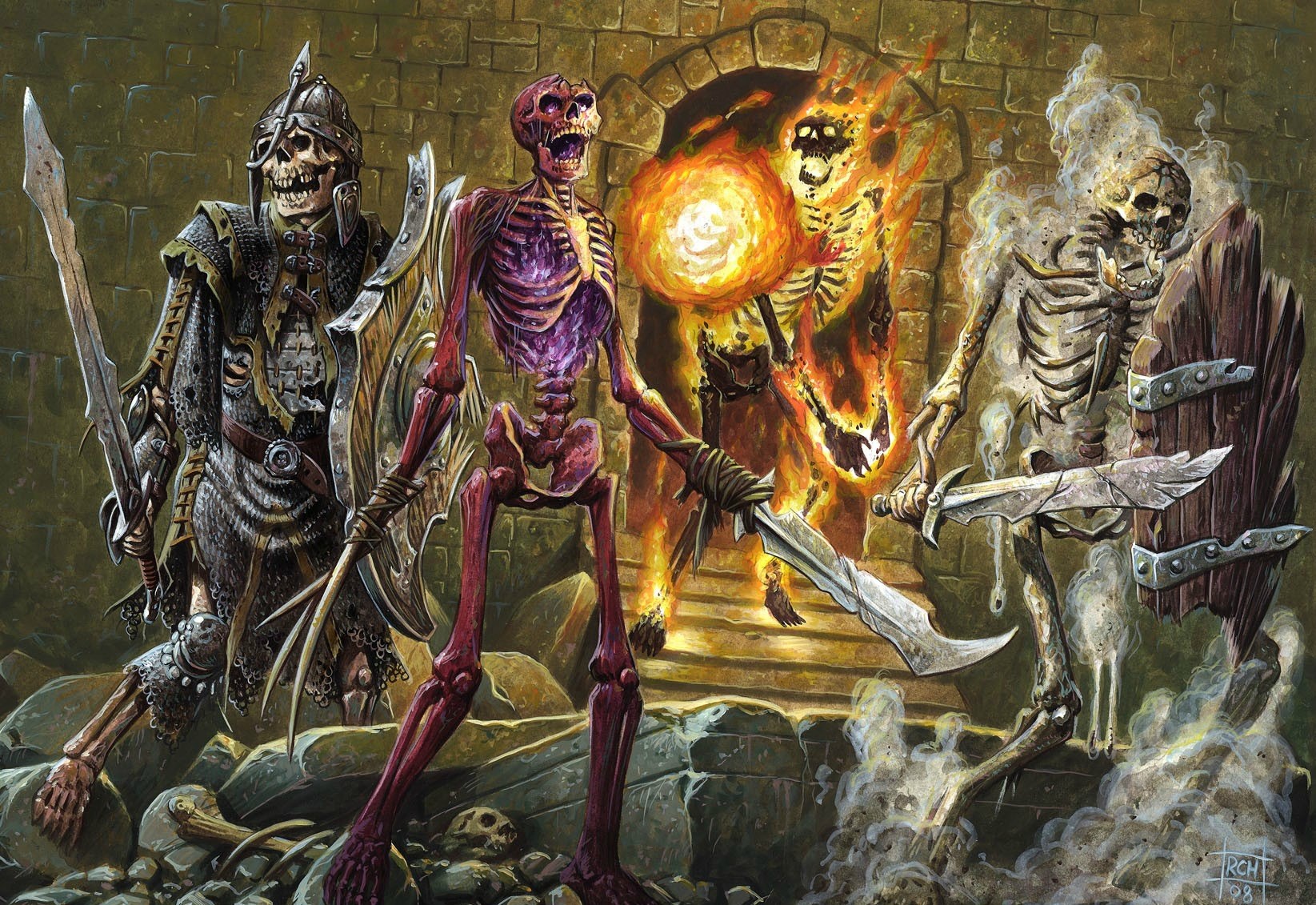 Four skeletons, one on fire, in a dungeon HD Wallpaper