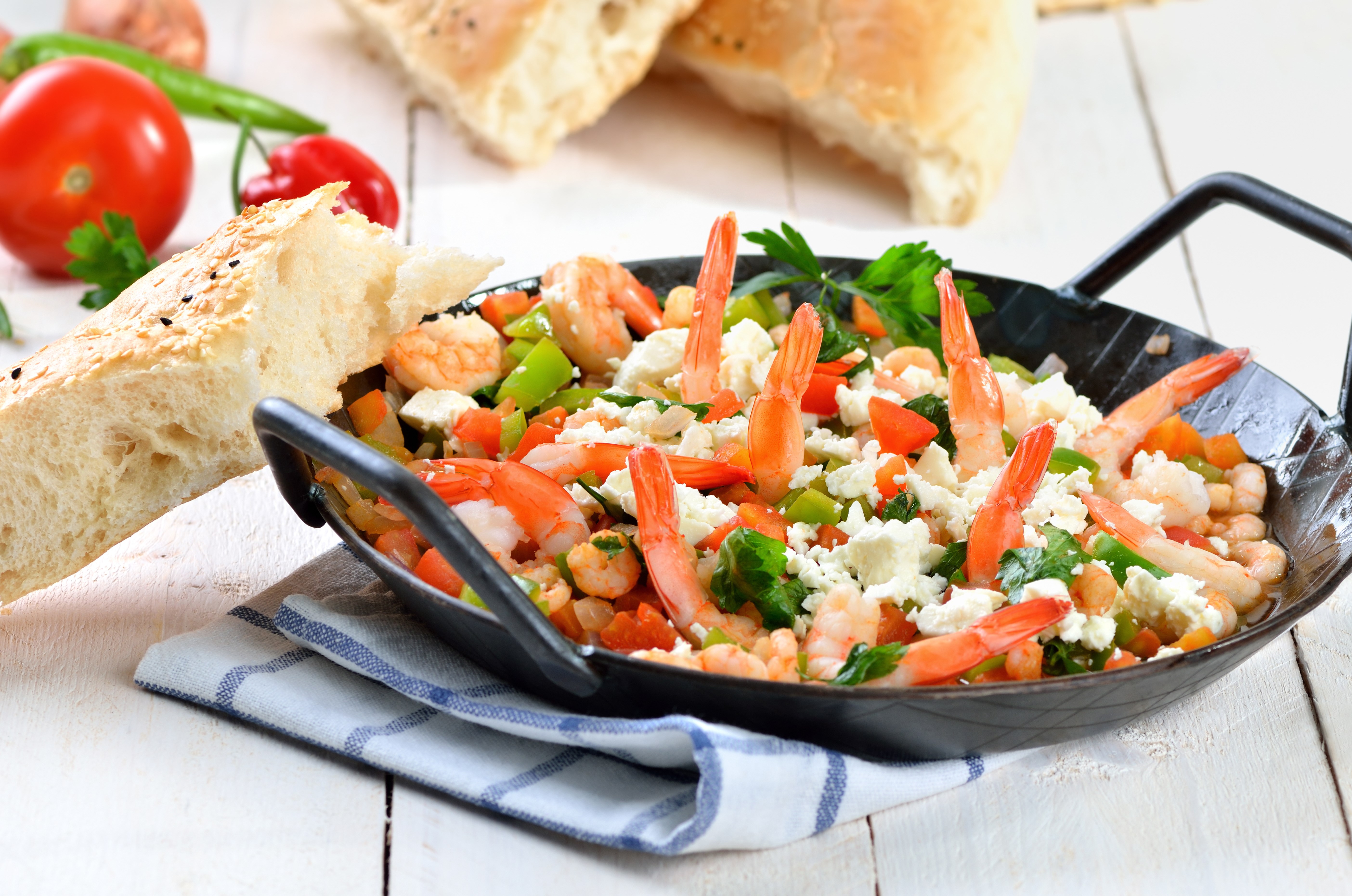 Shrimp and Feta Cheese Skillet with Bread HD Wallpaper