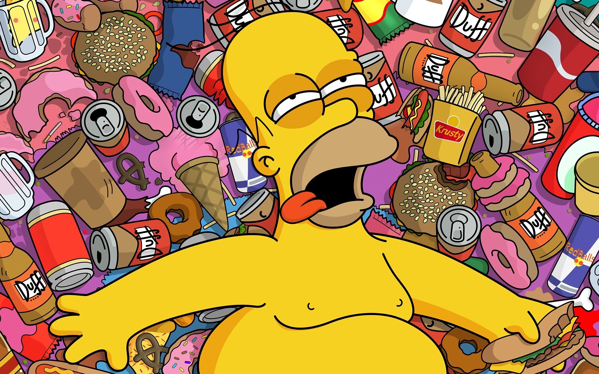 Homer Simpson surrounded by junk food and drinks HD Wallpaper