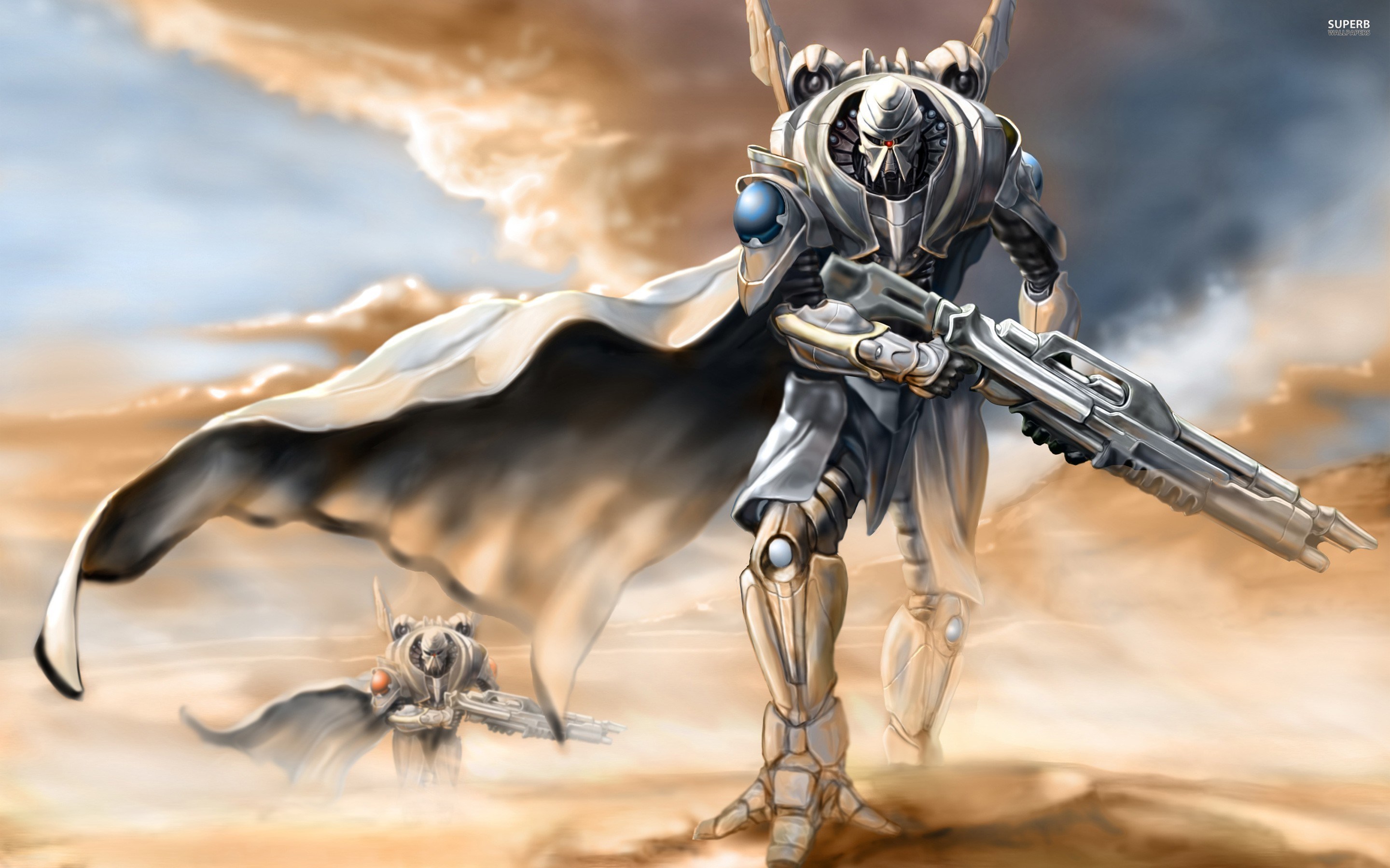Two robots with capes and guns in a desert HD Wallpaper