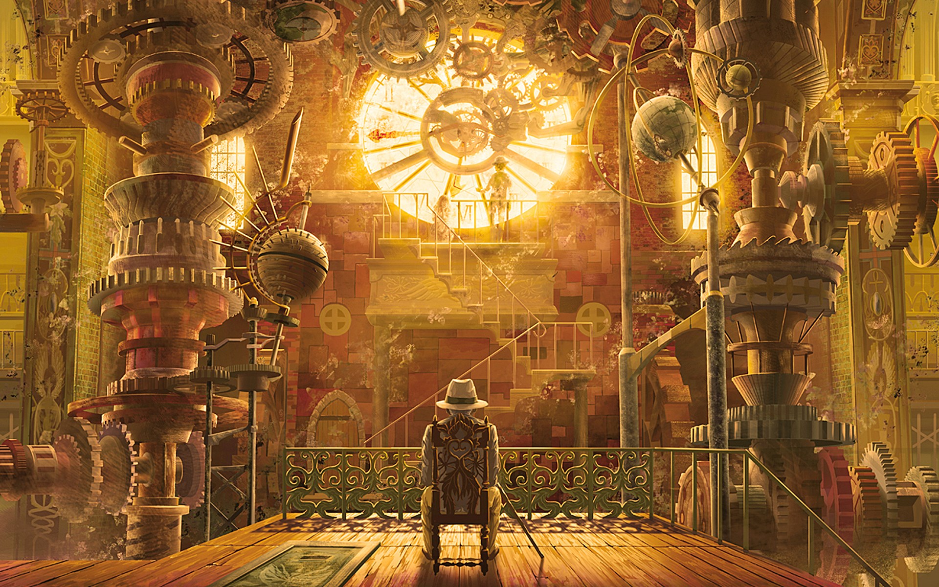 Steampunk interior with gears and a man in a hat HD Wallpaper