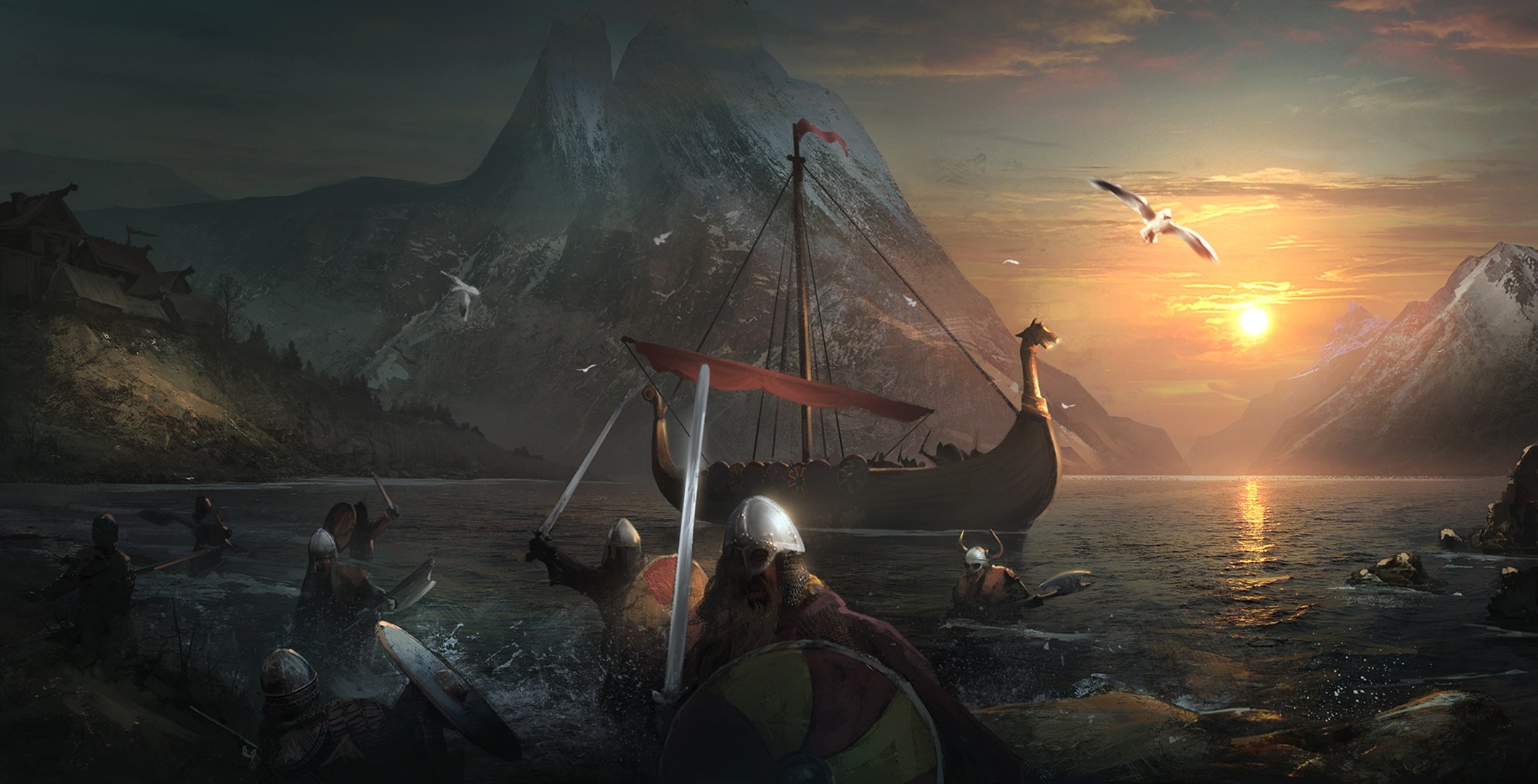 Vikings in a fjord at sunset HD Wallpaper