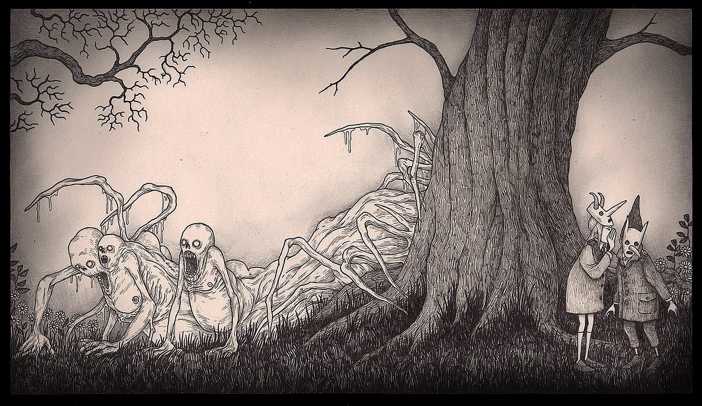 Creepy creatures and masked figures near a tree HD Wallpaper