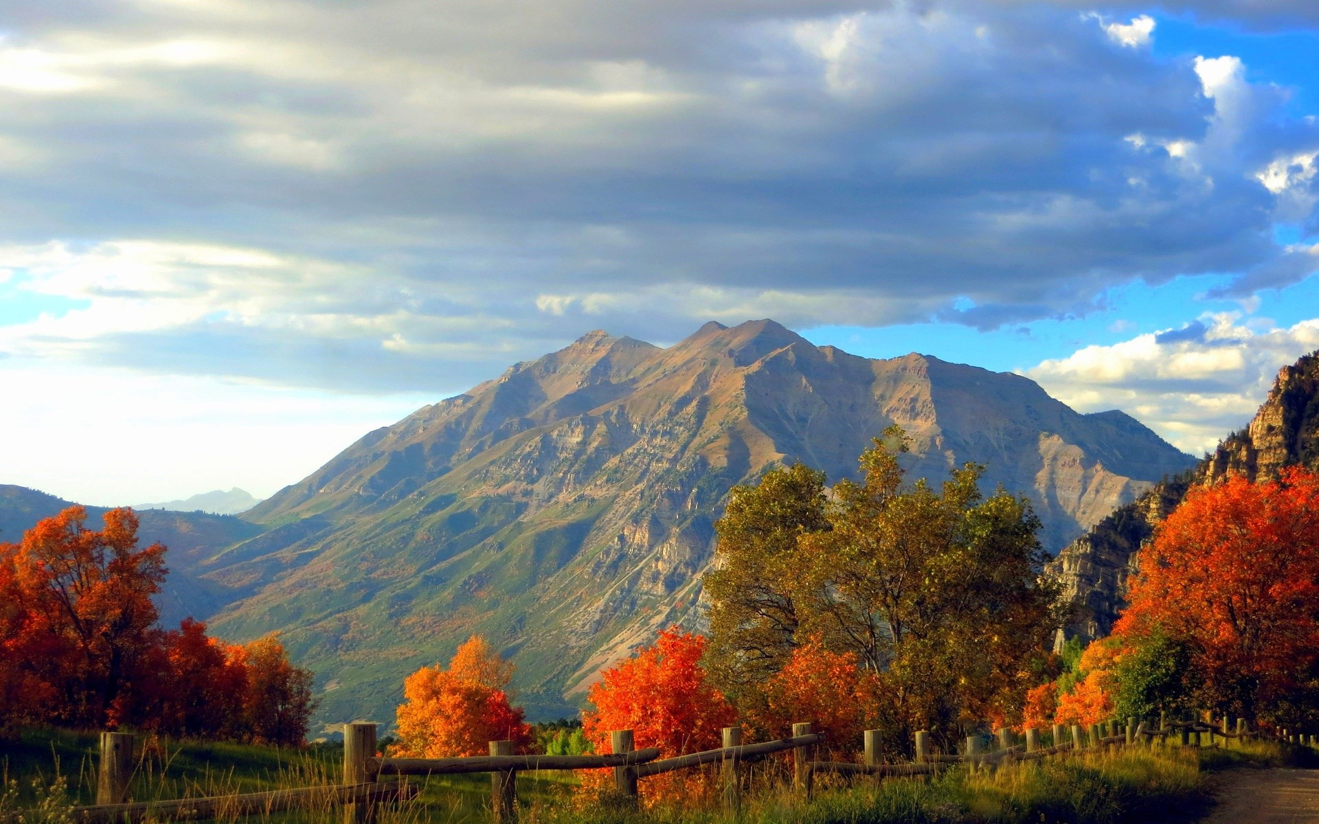 Mountain landscape with autumn trees and cloudy sky HD Wallpaper