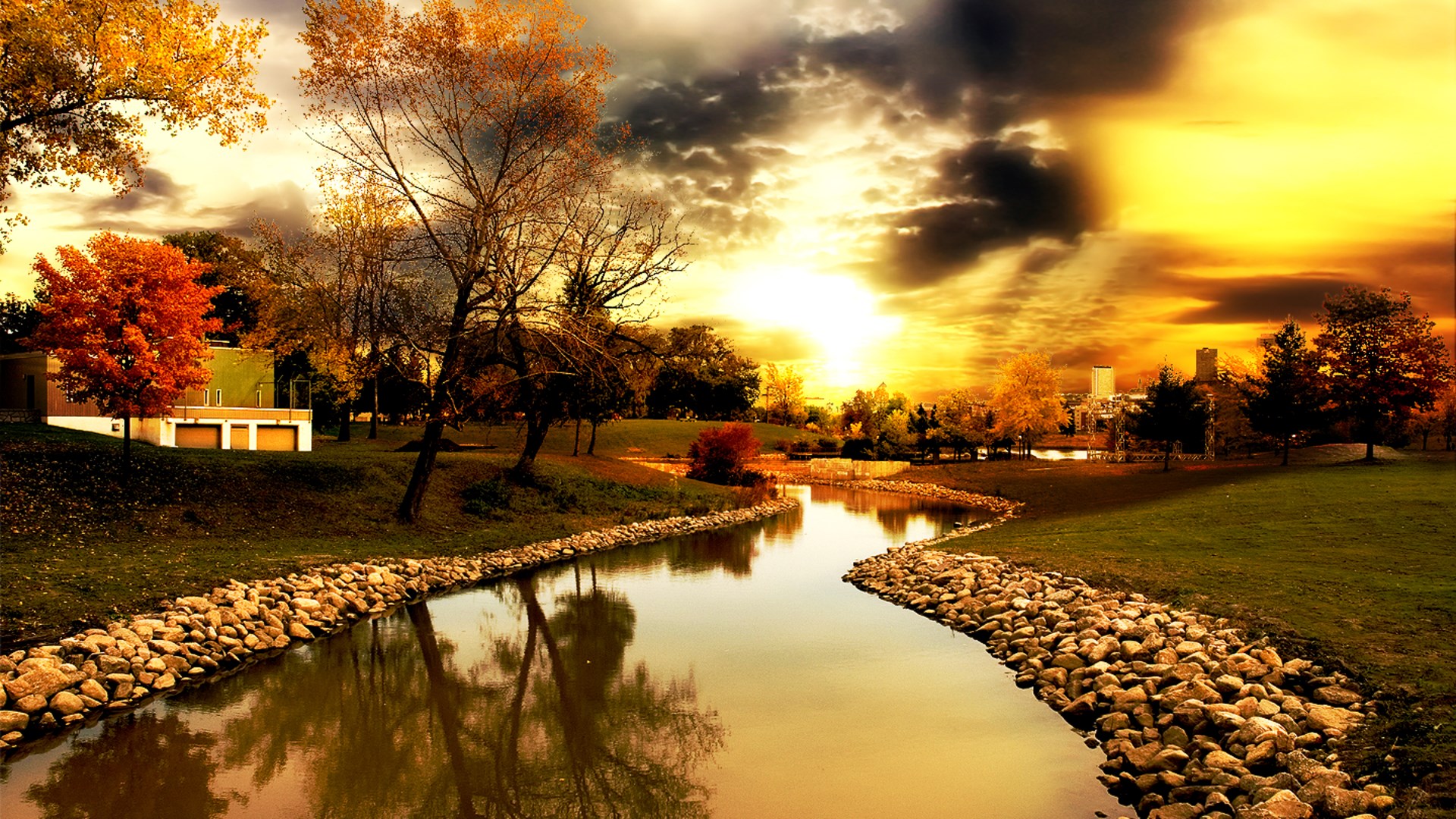 Scenic river and trees at sunset HD Wallpaper