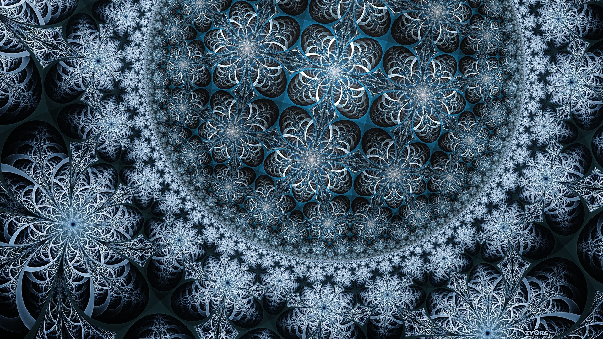Blue fractal pattern with floral elements HD Wallpaper