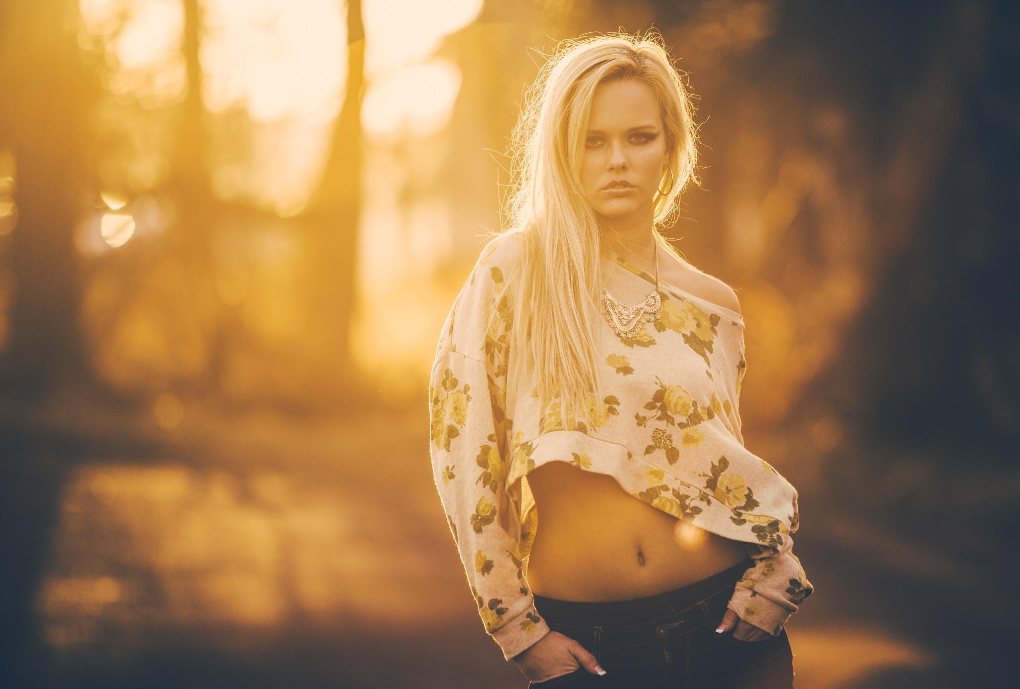 Blonde Woman in Floral Top at Sunset HD Wallpaper