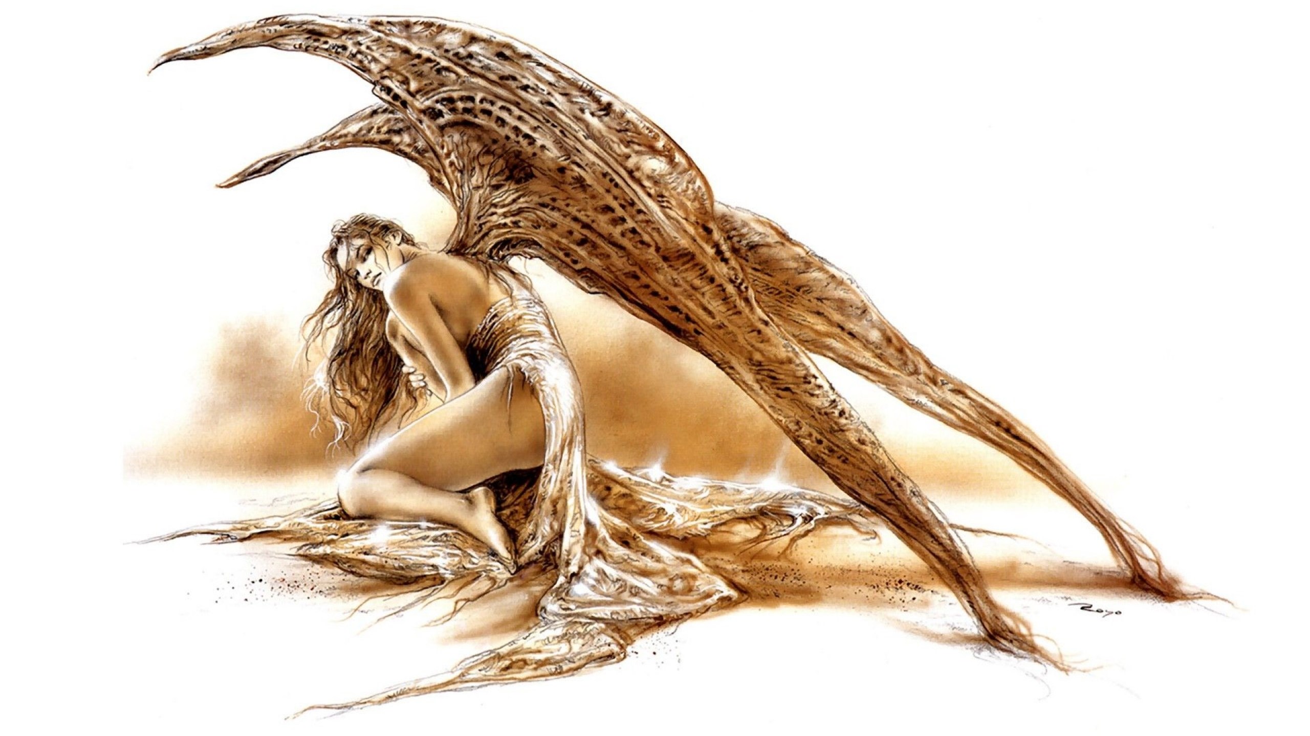 Angel with large, textured wings HD Wallpaper