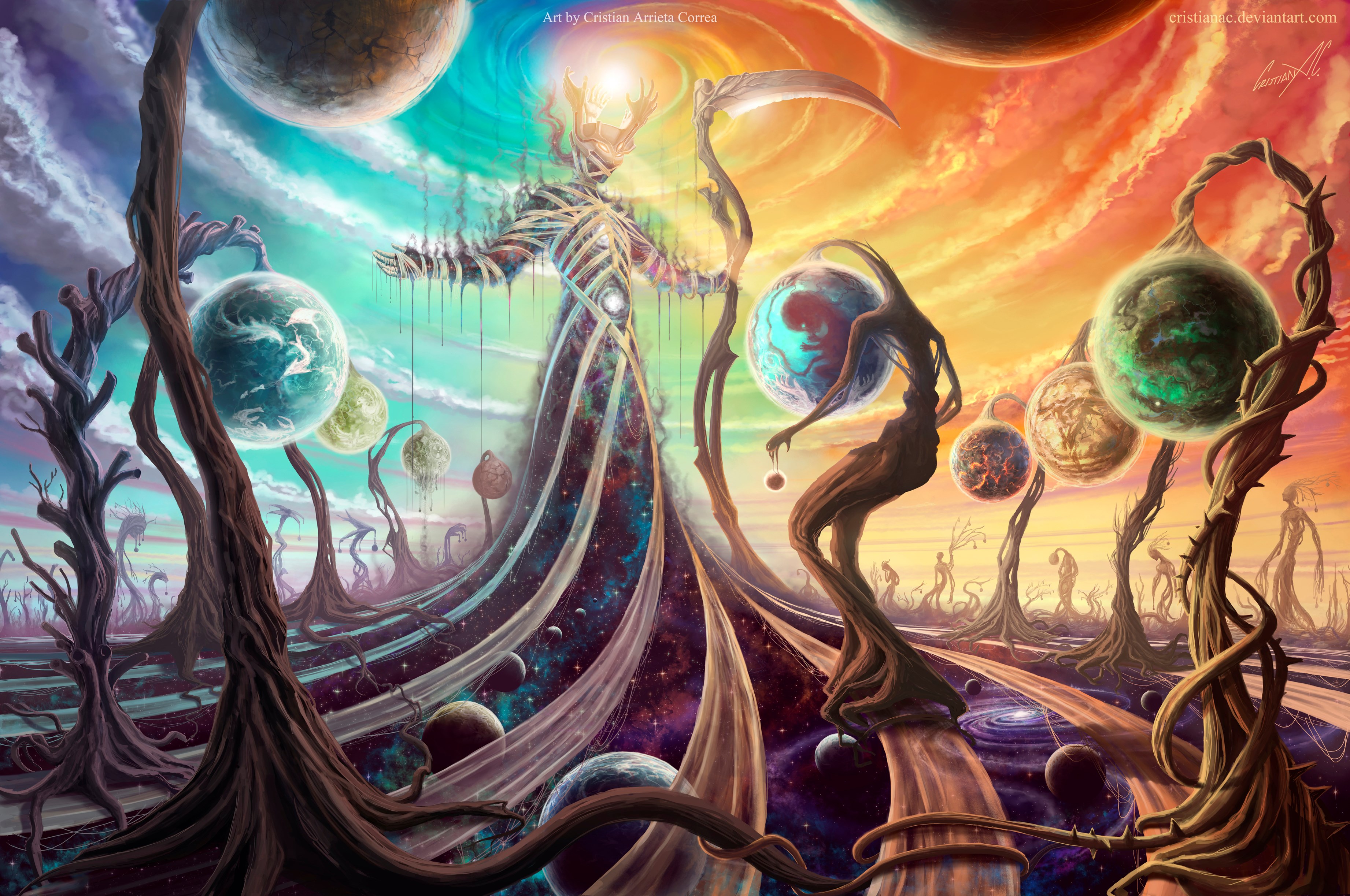 Grim Reaper in a surreal cosmic landscape with planets HD Wallpaper