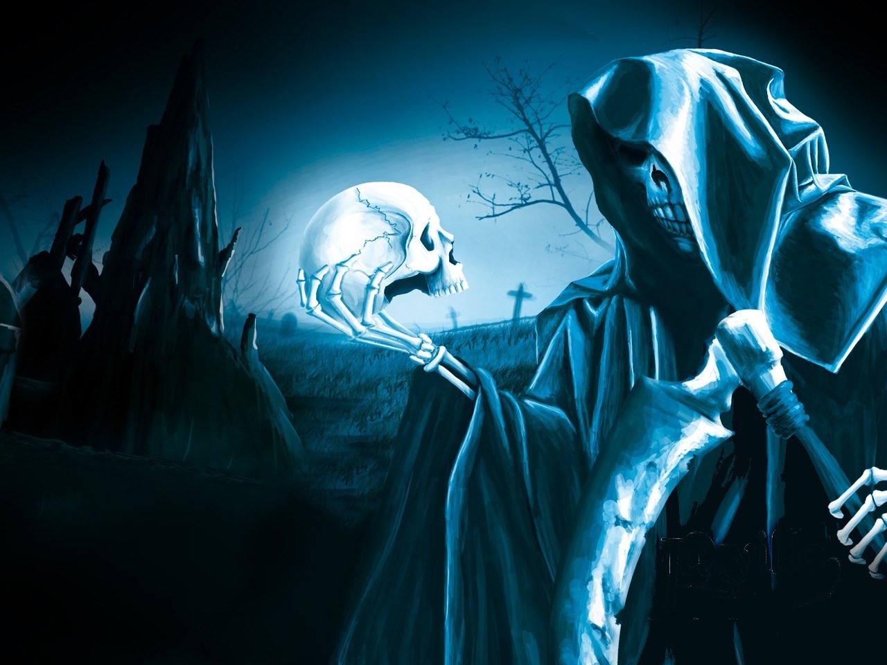 Grim Reaper holding a skull in a graveyard HD Wallpaper