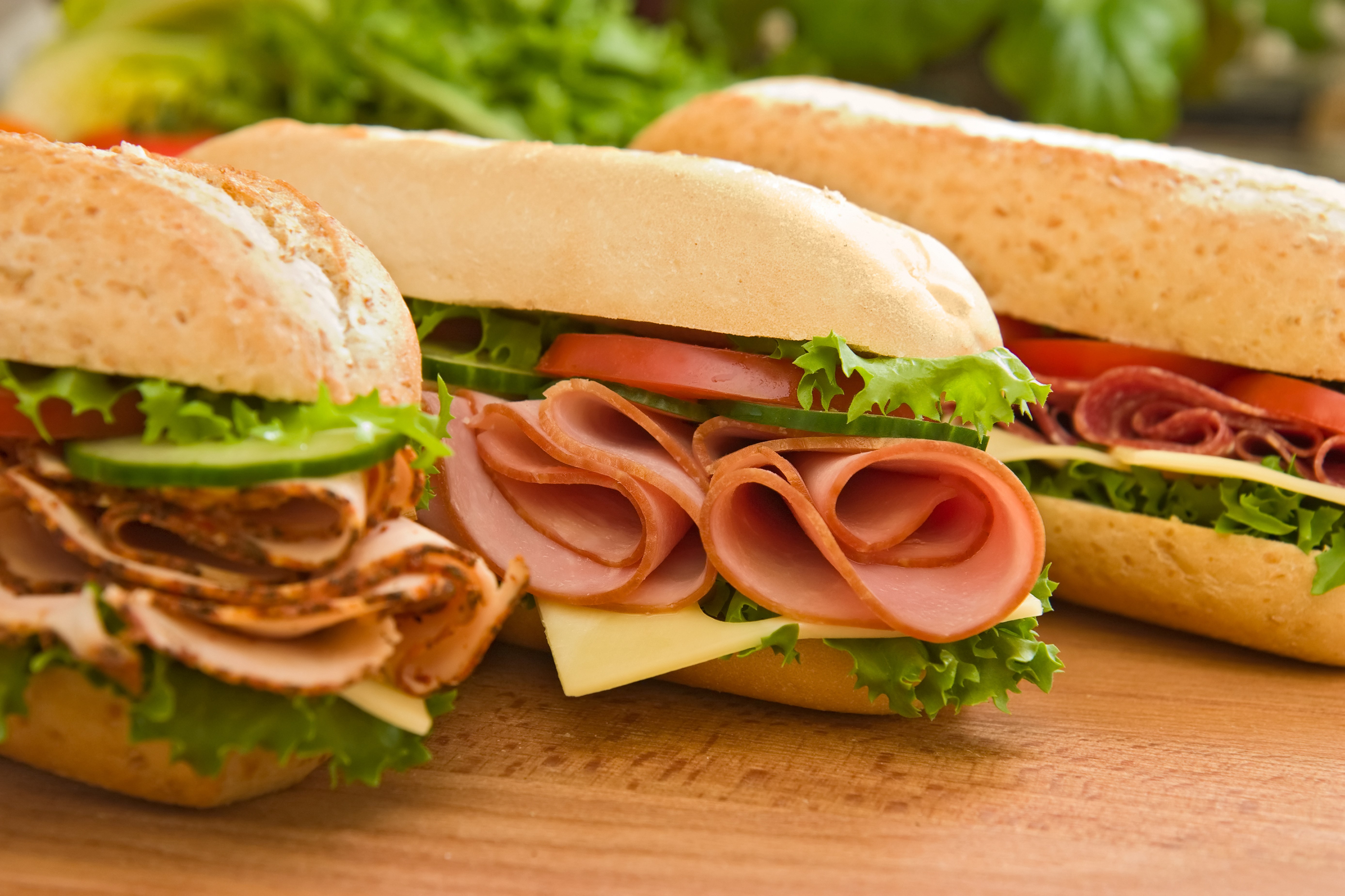 Three sandwiches with ham, turkey, and salami HD Wallpaper