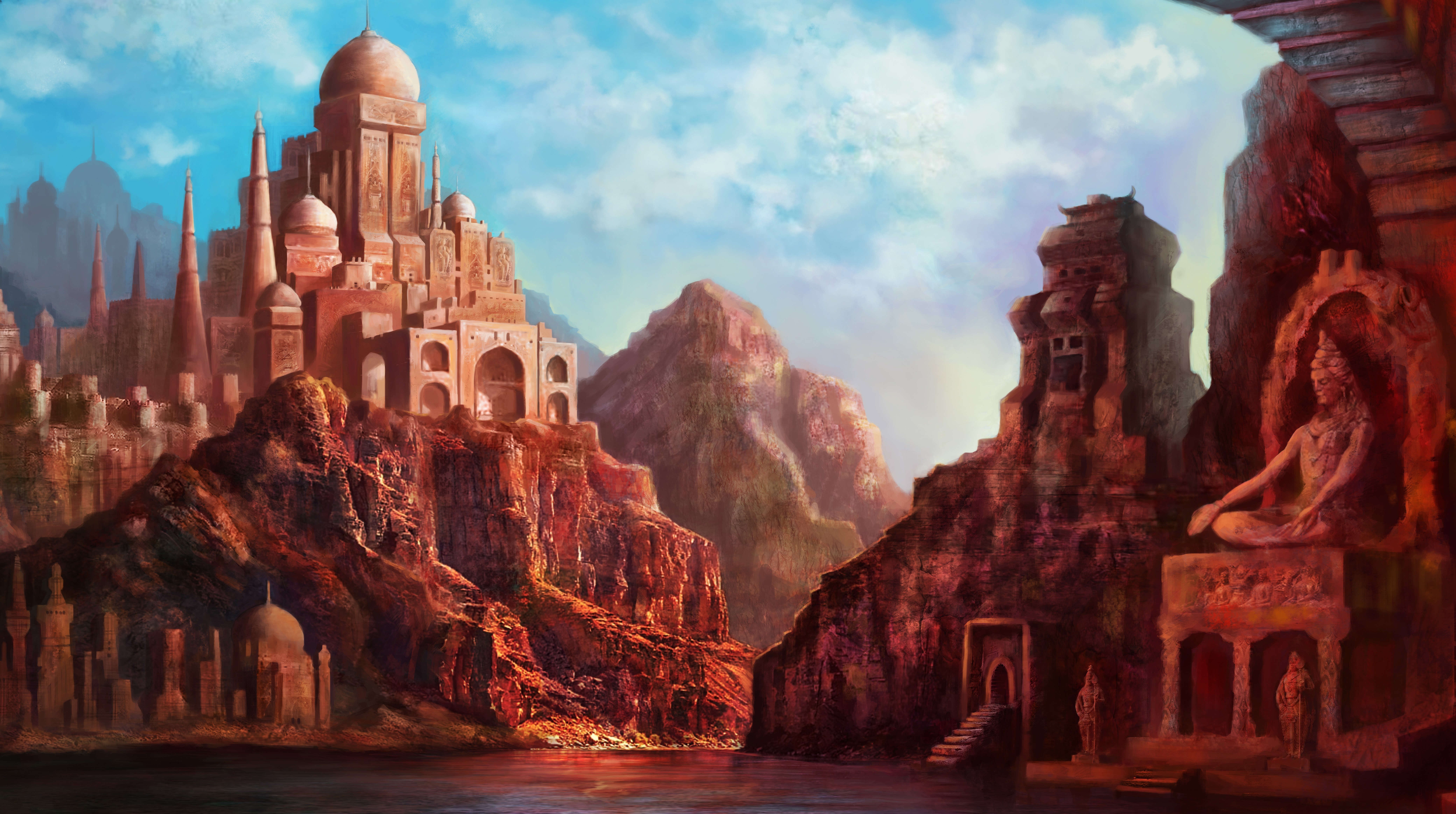 Fantasy city with ancient statues and mountains HD Wallpaper