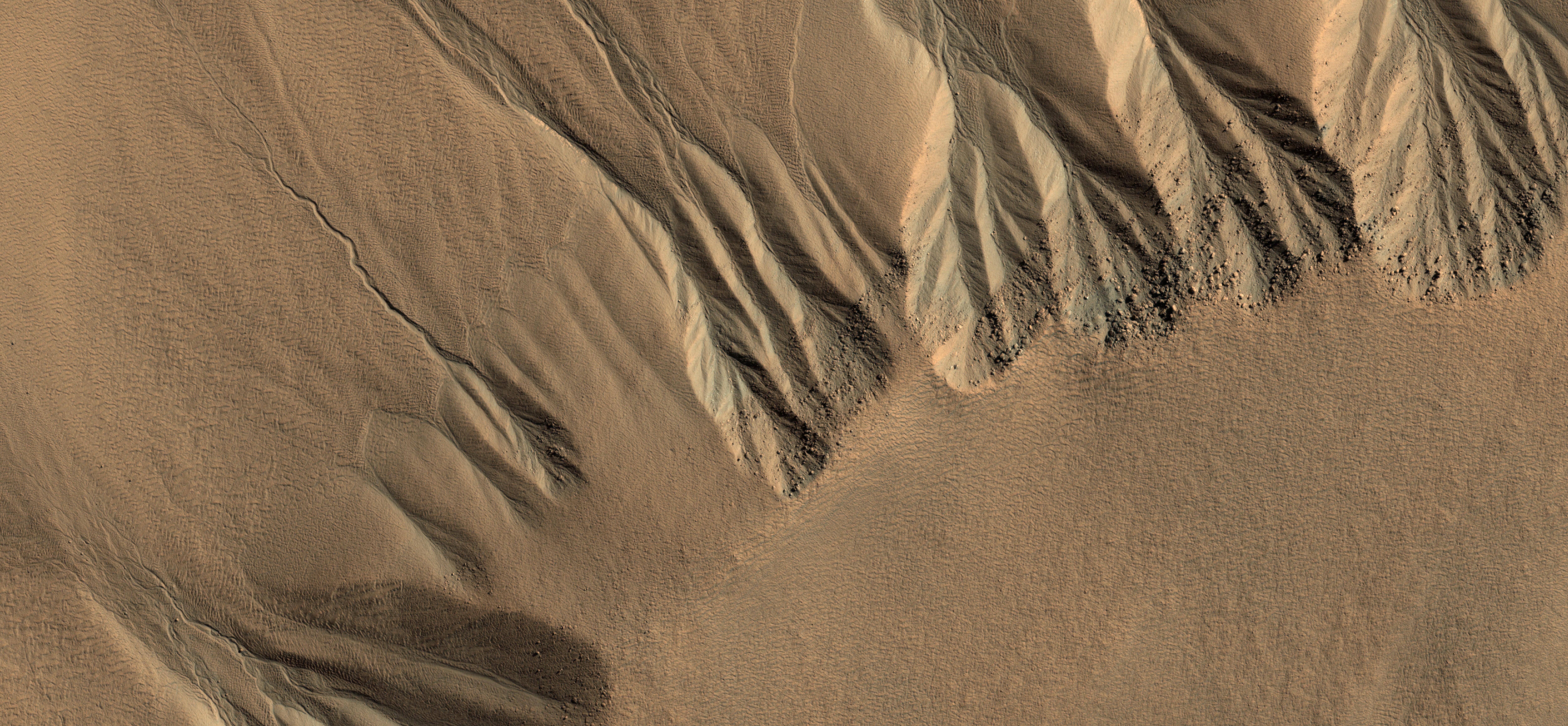 Aerial view of Martian gullies and sand dunes HD Wallpaper