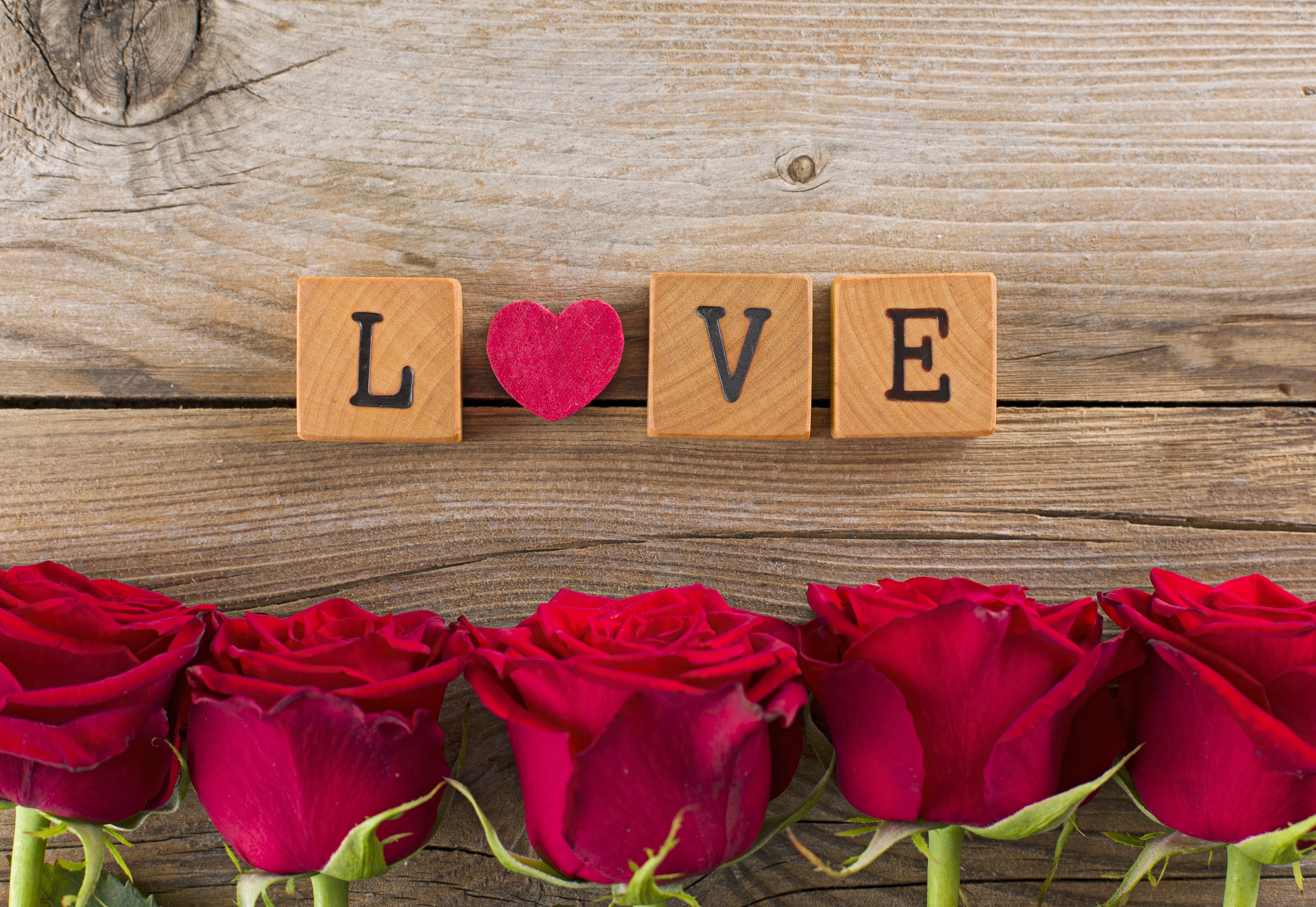 Wooden blocks spelling LOVE with red roses HD Wallpaper