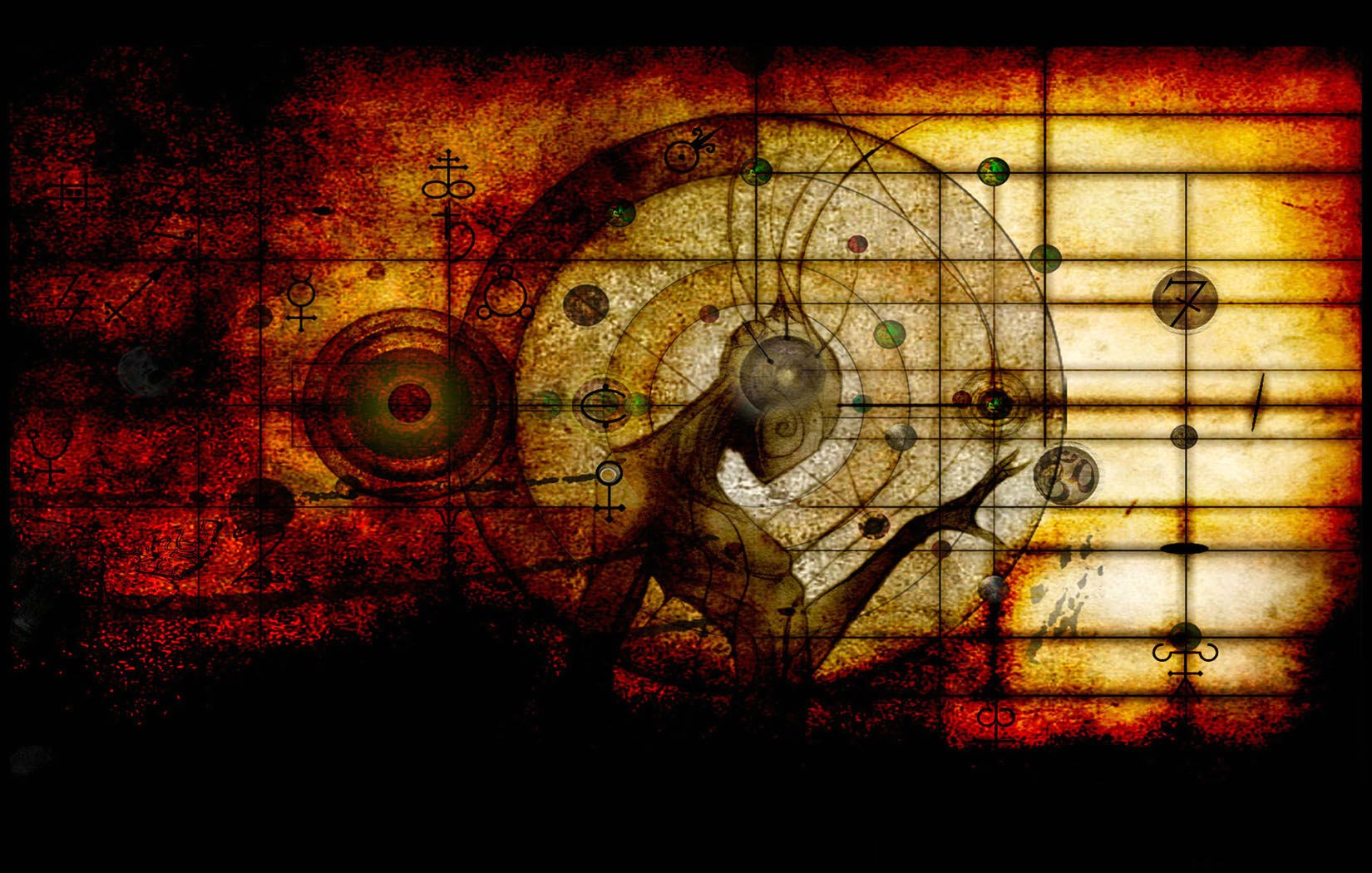 Occult symbols and celestial chart with figure HD Wallpaper