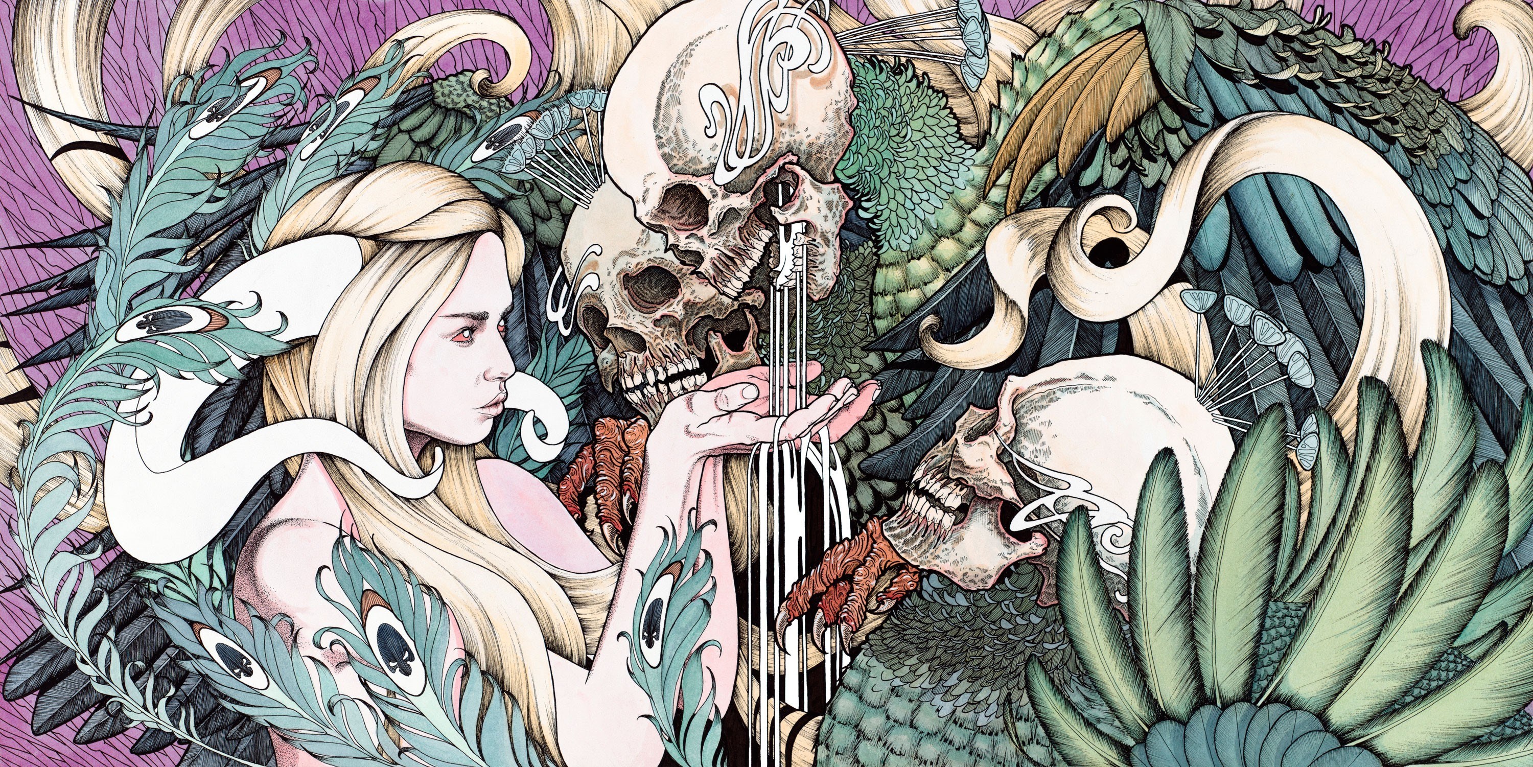 Woman with Skulls and Feathers HD Wallpaper