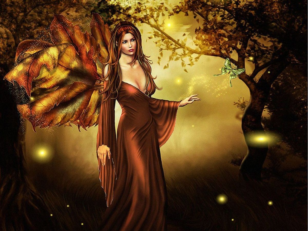 Fairy with leaf wings in a forest HD Wallpaper